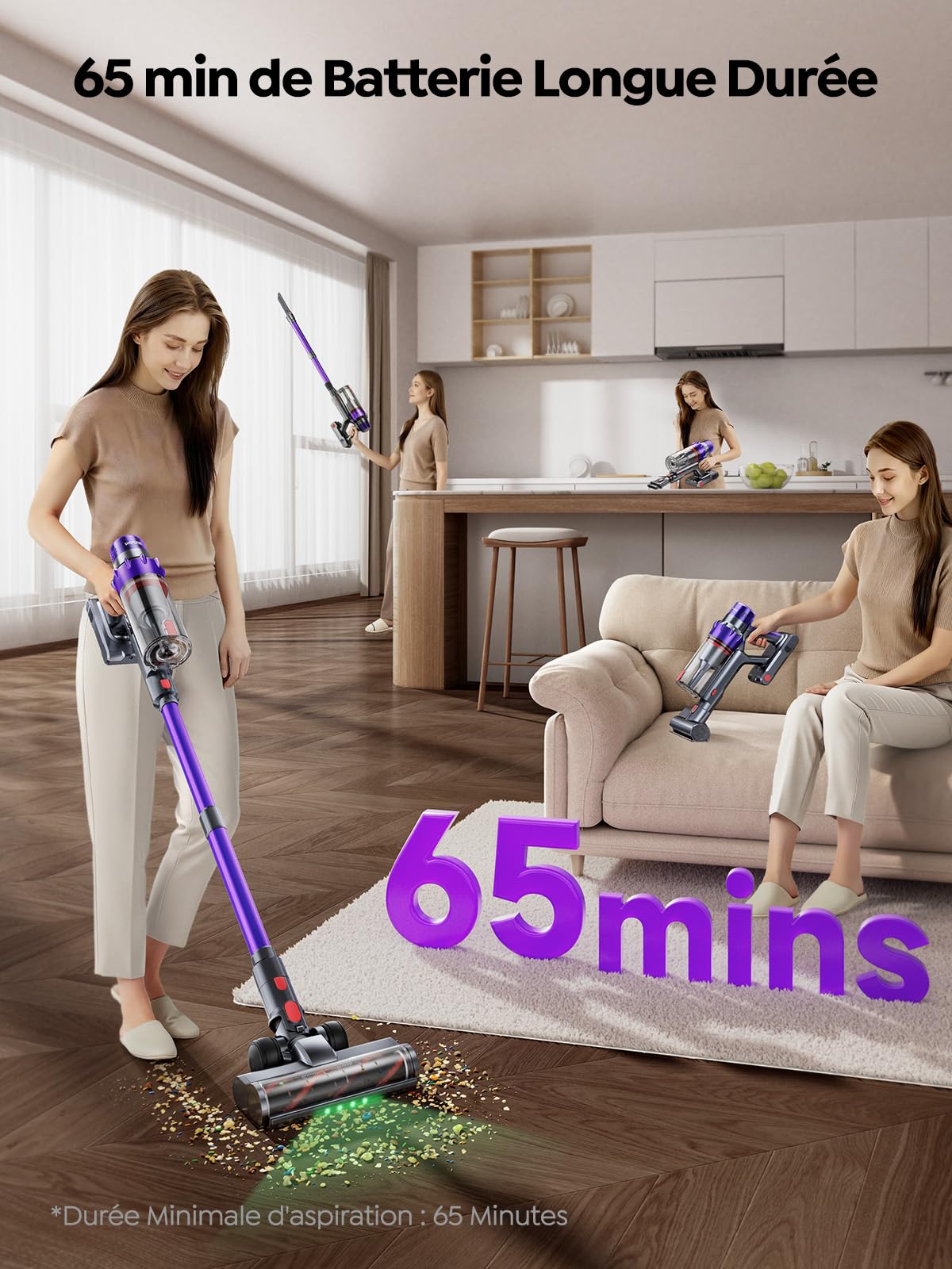 SMOTURE 600W 50KPa Aspirateur Balai sans Fil, 65 Mins Aspirateur sans Fil Puissant avec Brosse Matelas, Charge Murale et Écran LED, Auto Aspirateur Balai pour Poils d’Animaux/Sols Durs/Tapis/Voiture