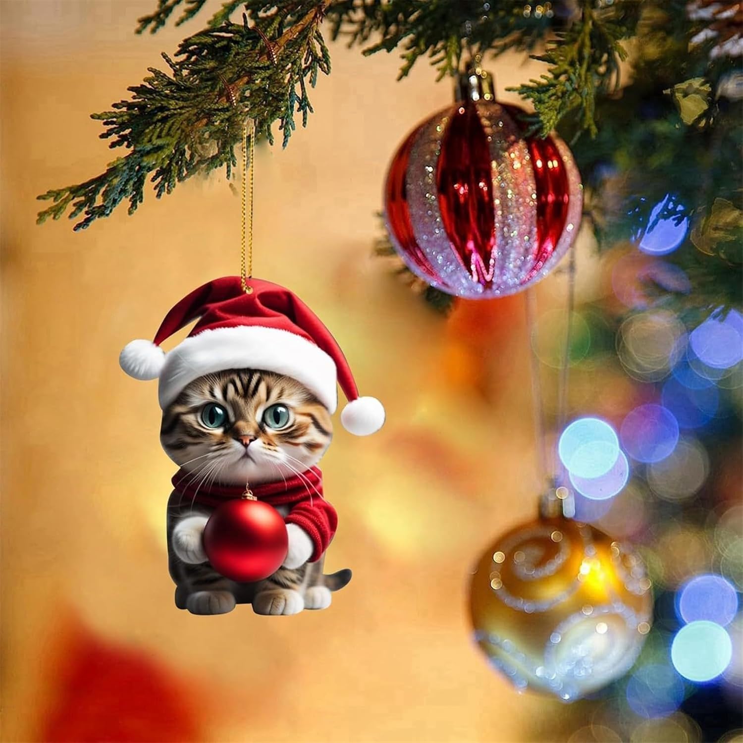 2024 Cat Ornament for Christmas Tree Santa Hat Cat with