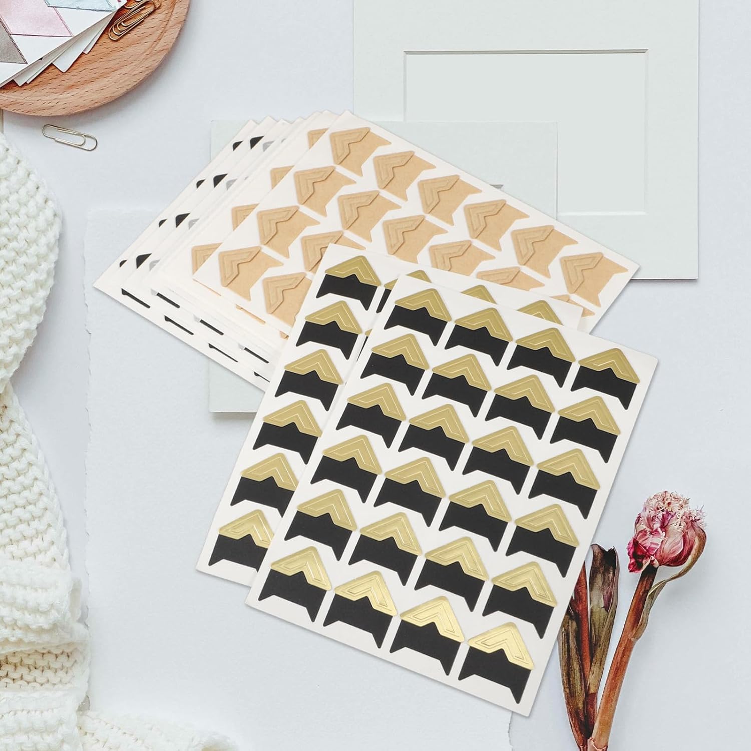SEWACC Self-Adhesive Photo Corner Stickers 10 Sheets Black Gold Kraft Silver White DIY Scrapbooking Album Journal Craft Paper Mounts for Picture Frames