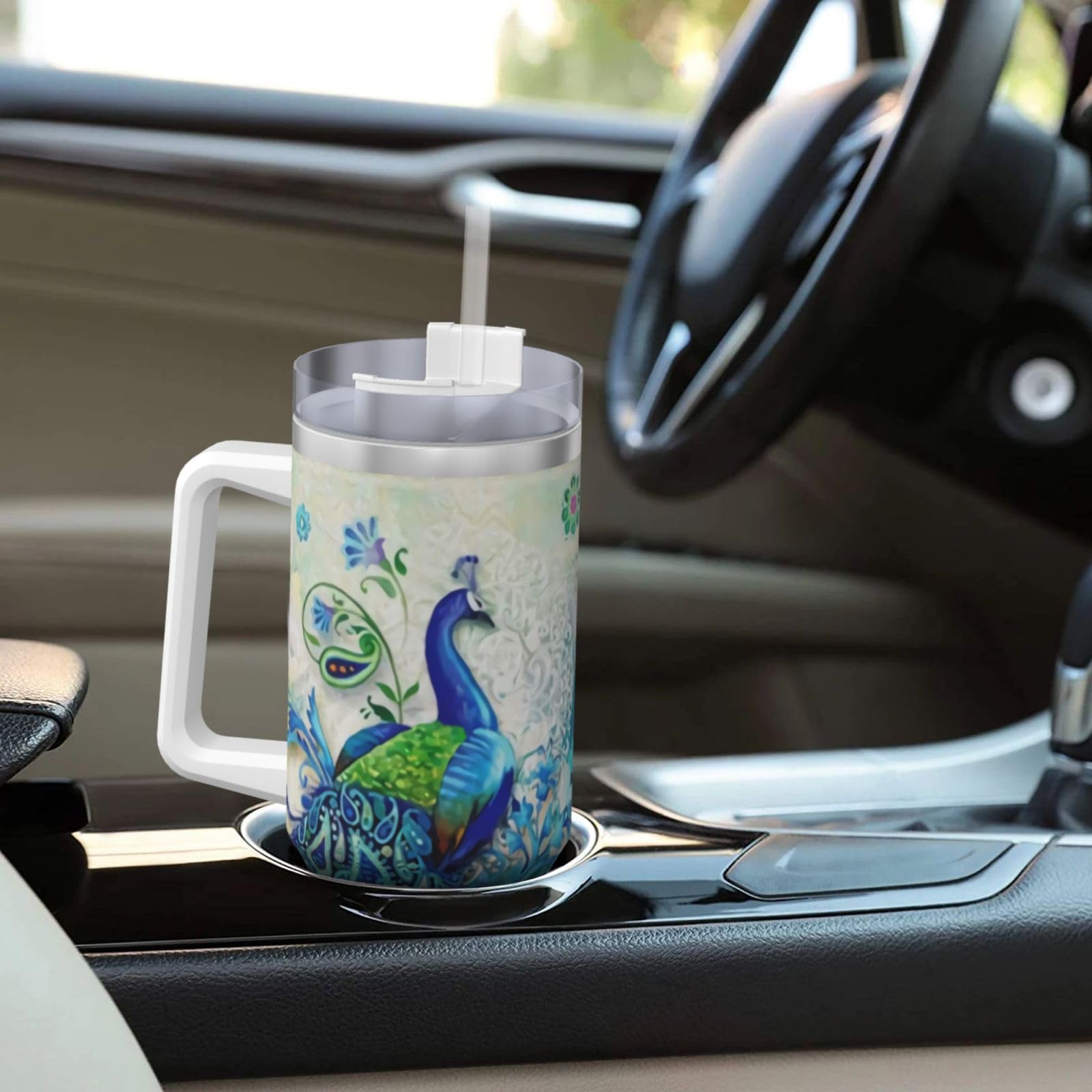 PTONUIC Vaso de pavos reales y flores de 40 onzas con asa y tapa con popote, taza aislada reutilizable de acero inoxidable, botella de agua, taza de viaje, apta para portavasos, regalos para mujeres y