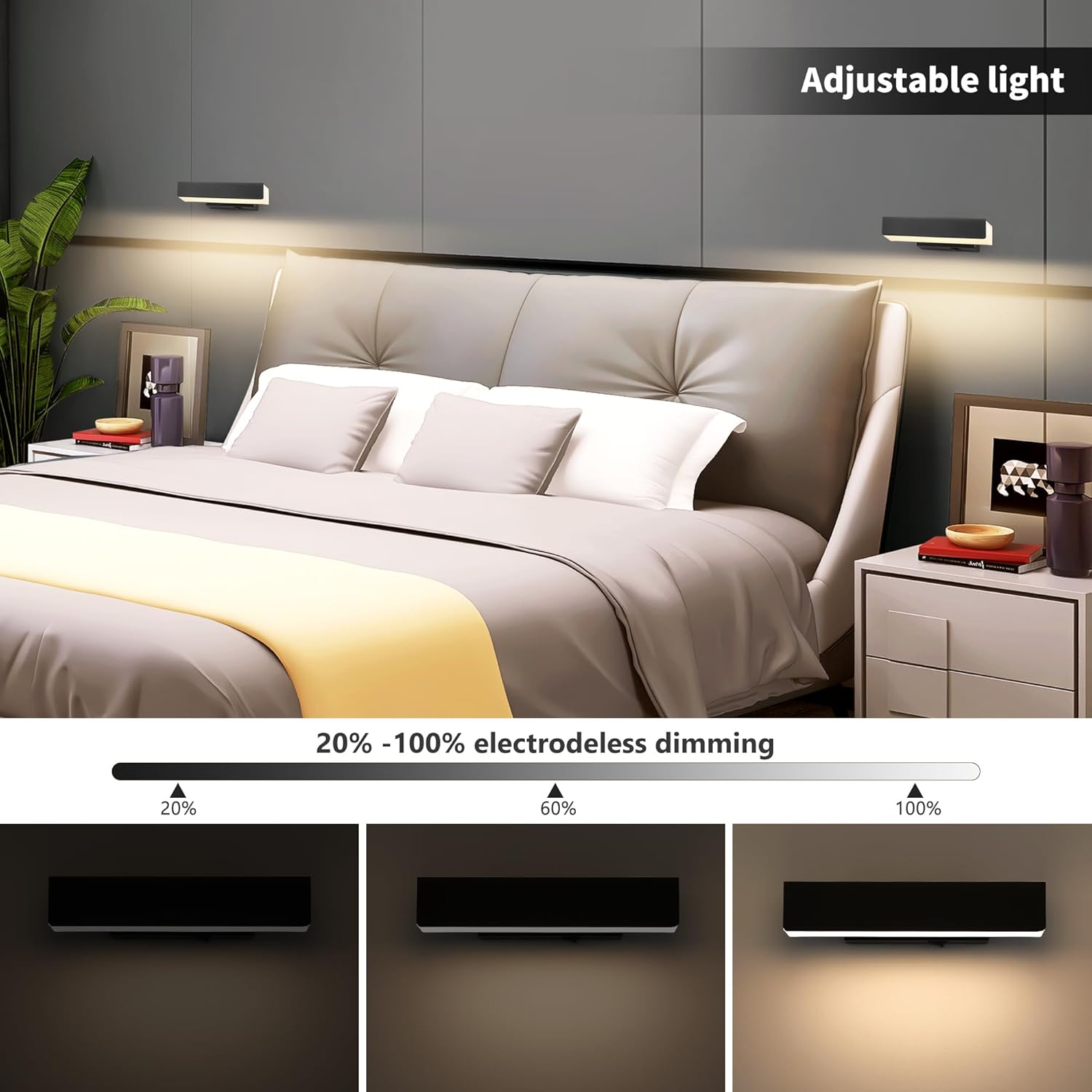 Wall Sconces Set of 2 Rechargeable Wall Lights with 350 Rotation,Dimmable Battery Operated Wall Sconce,Magnetic Wall Light for Bedroom,Wireless Wall Mount Light for Picture,Living Room(2 Pack)