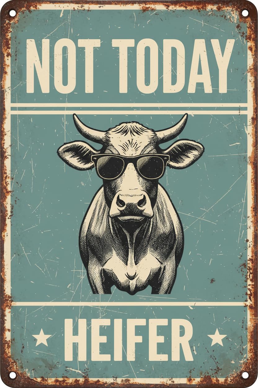 Not Today Heifer Cow Tin Sign, 8x12 Inch Cottage Decor