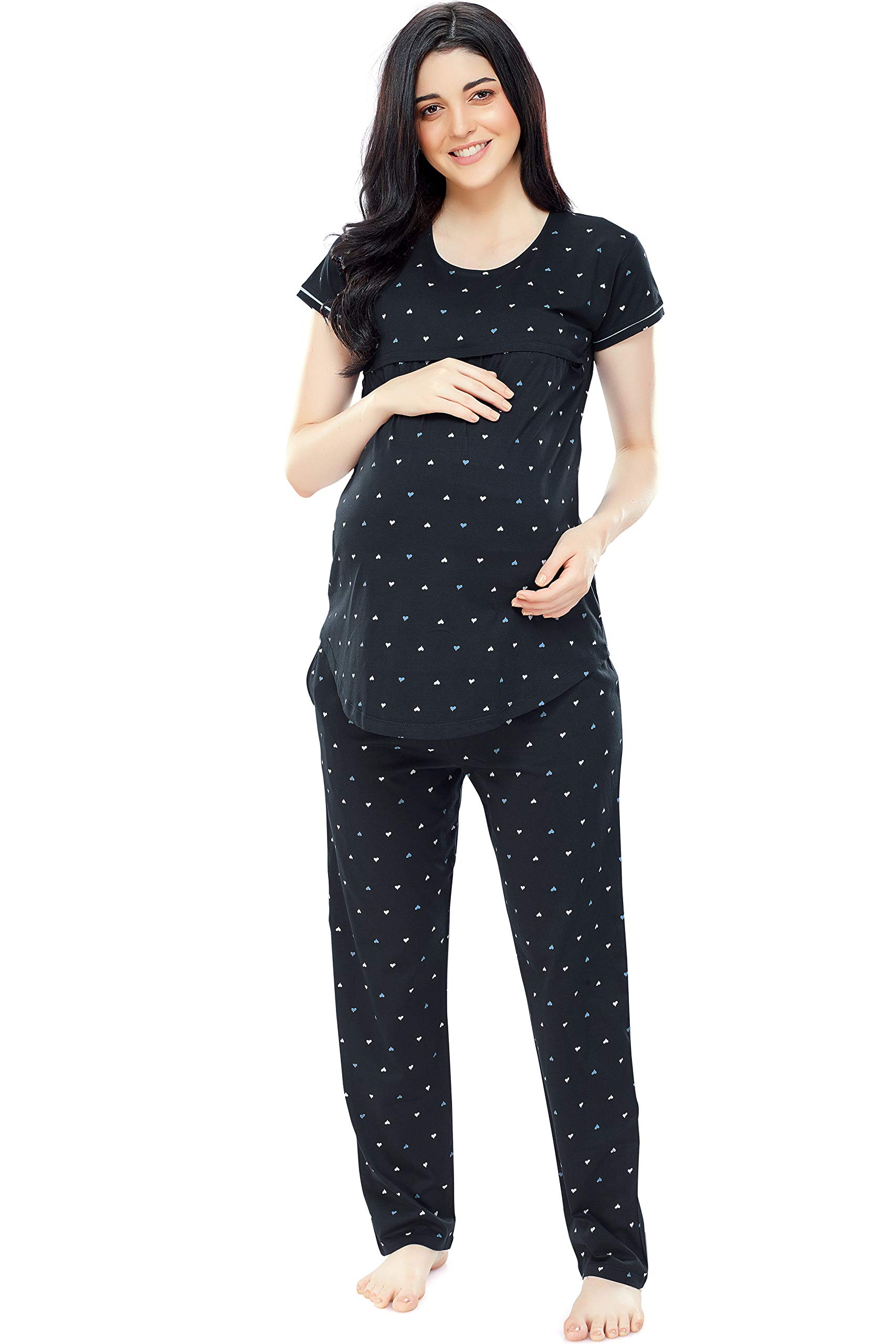 Zeyo Women's Cotton Star Print Nursing Night Suit Set - Top & Pyjama Feeding Night Dress - View #8