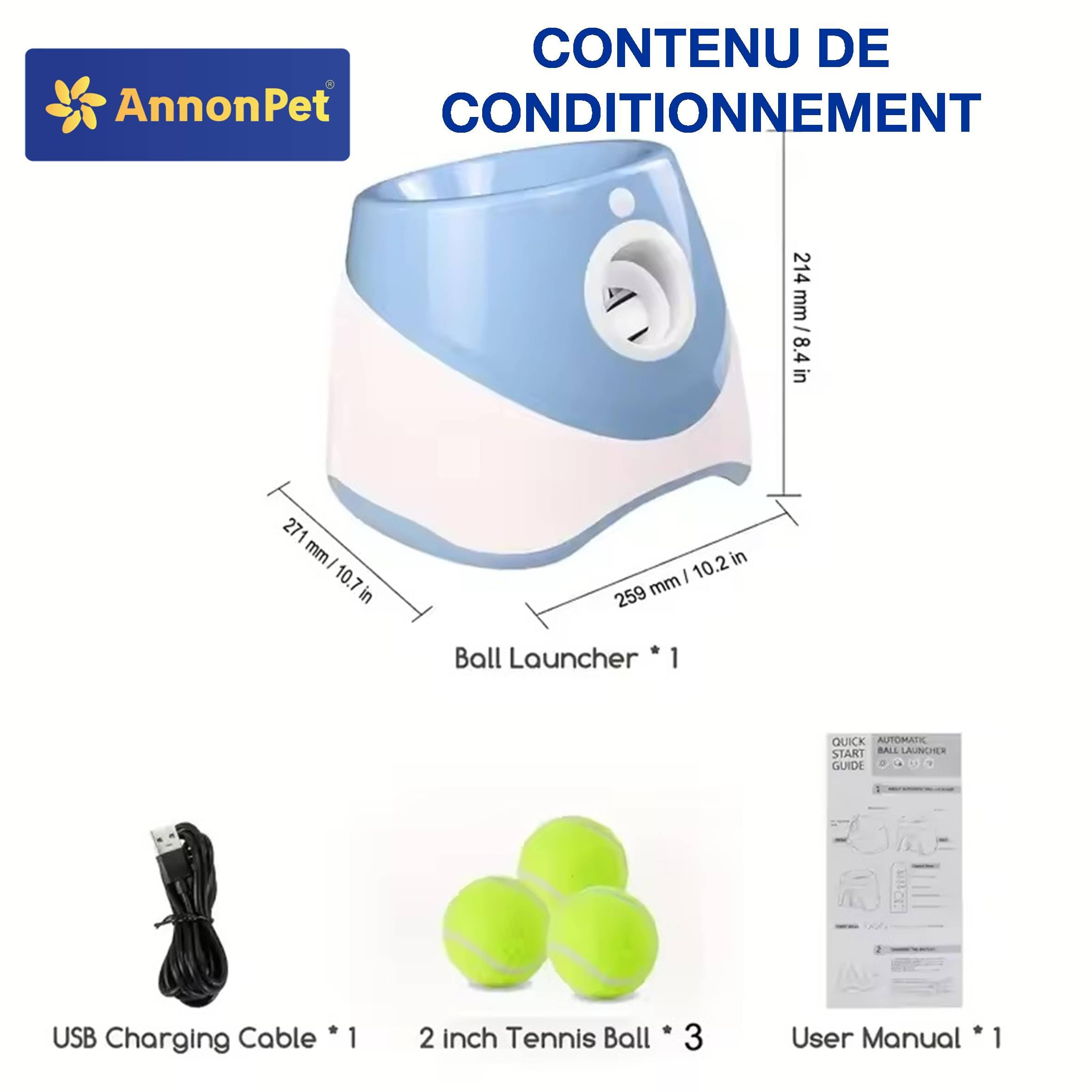 Lance Balles Automatique pour Chiens avec Distances Réglables 3/6/9m, Charge USB, Batterie Lithium 2200mAh, Comprend 3 Balles de Tennis - Fun et Entraînement pour votre chien