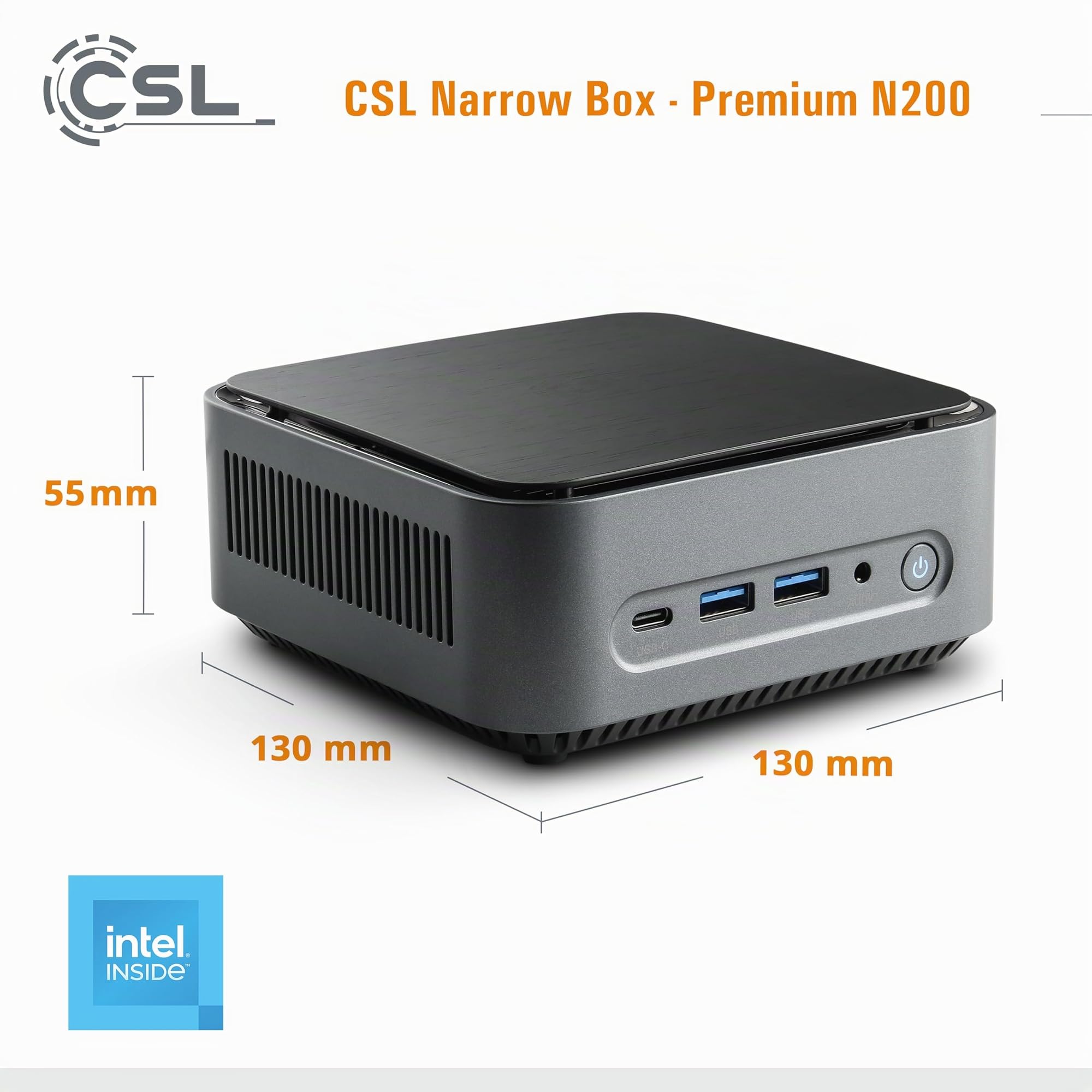 Mini PC CSL Narrow Box Premium Windows 11 Home lüfterlos, Intel N200 4X 3700 MHz Turbotakt, 500 GB M.2 SSD, 8 GB DDR4-RAM, Intel UHD Grafik, HDMI 2, USB 3.2, BT 5.2, DisplayPort, Dual WLAN