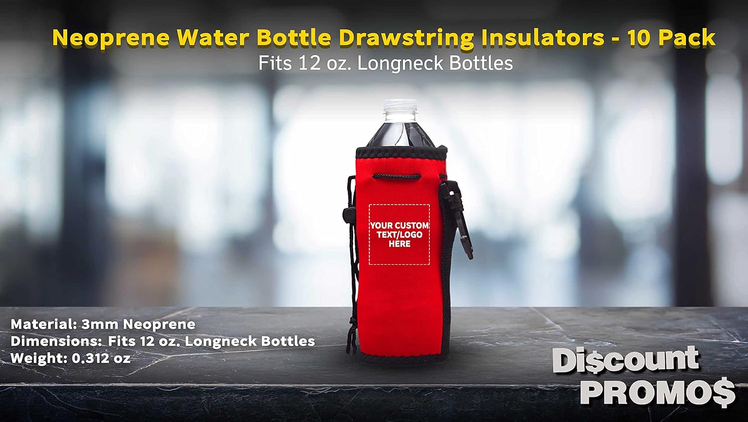 10 Neoprene Water Bottle Drawstring Insulators Pack - Customizable Text, Logo - 12 oz. Longneck, Hook - Red
