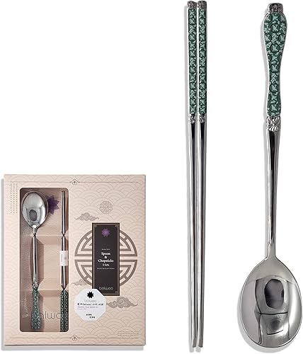 Goryeo Celadon Design - Cuchara de arroz y palillos de acero inoxidable 430 con superficie brillante (azul, 5 juegos)