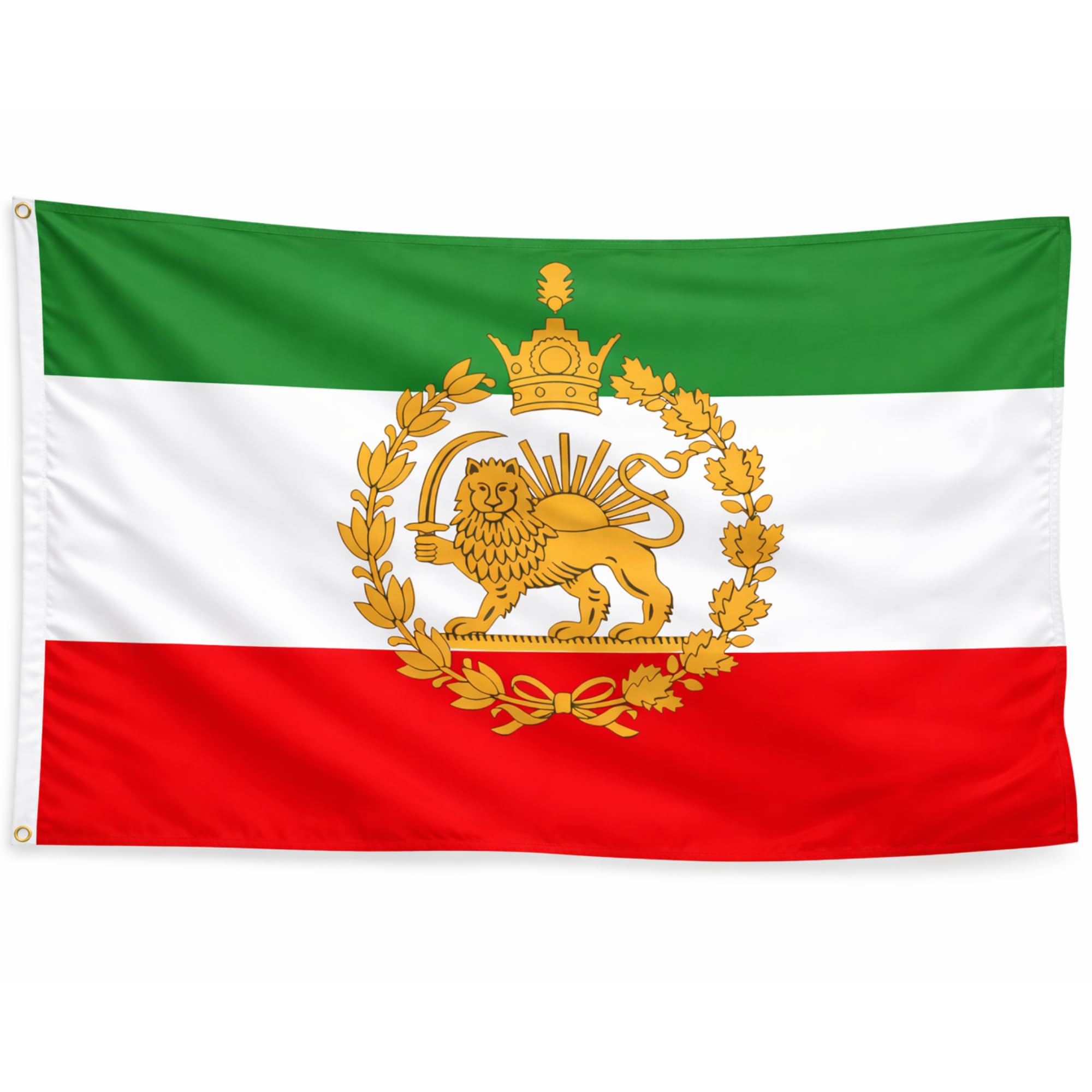 Iranian Persian Lion and Sun Flag With 2 Brass Grommets Persia Crown and Wreath Tricolor Banner – 3 x 5 ft (90 x 150 cm) – Durable Polyester – (Imperial Emblem) — image 1