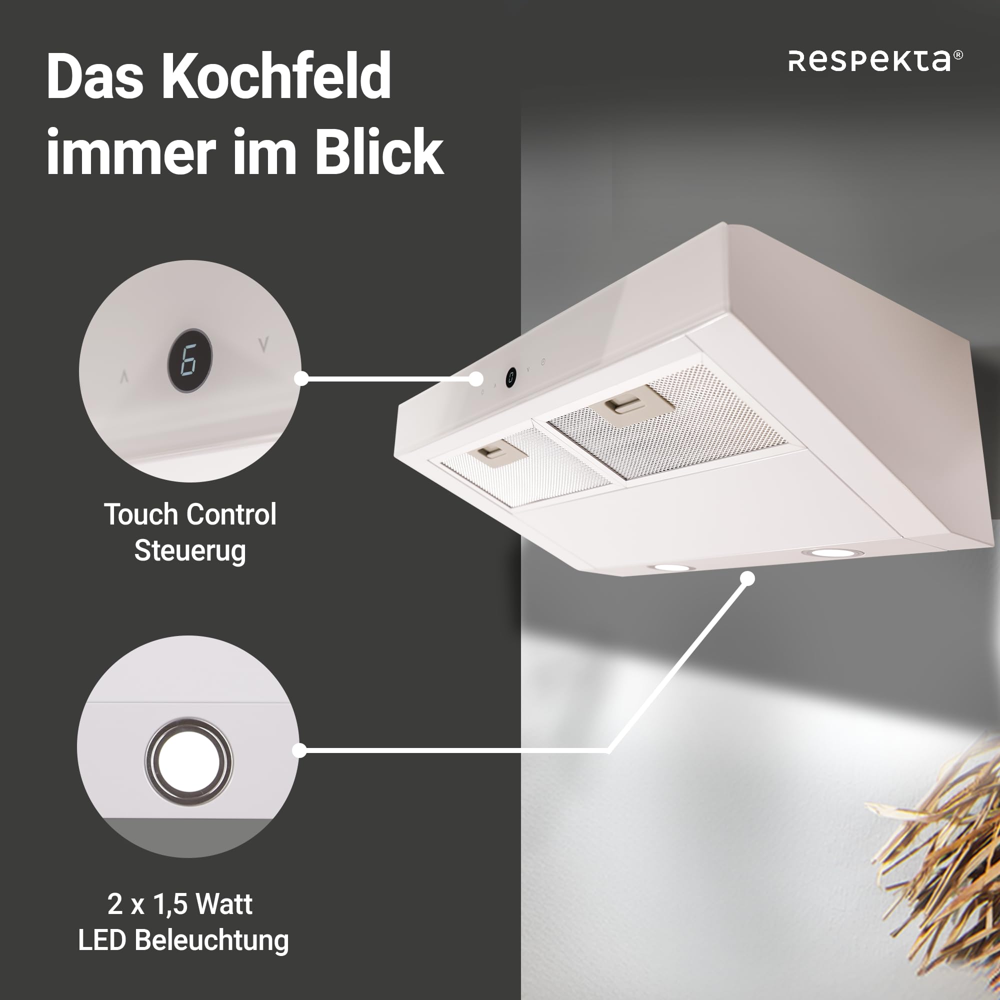 Cappa Aspirante Sottotop Respekta 60cm - Bianco, Ricircolo Aria, LED, Classe A+ - Foto 5