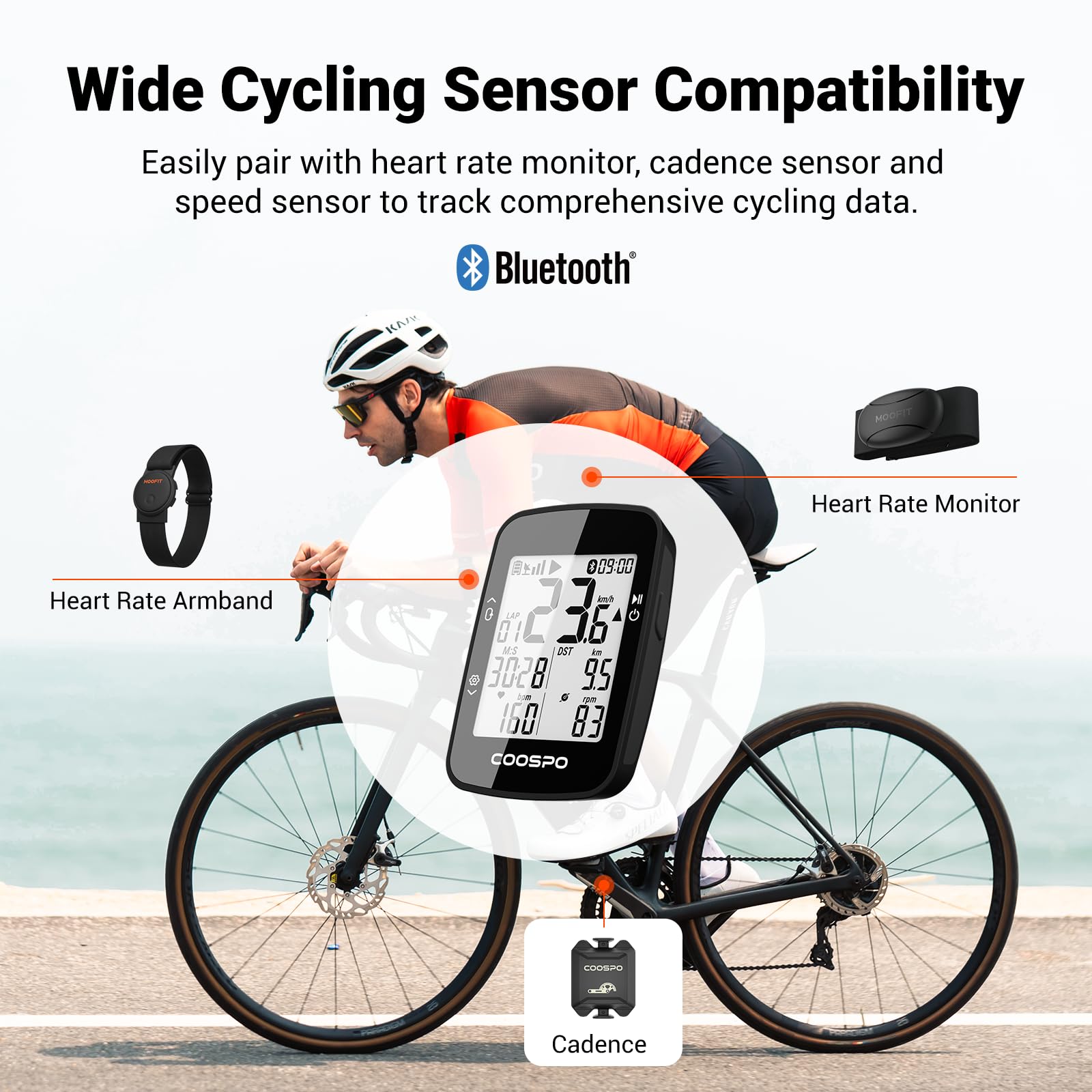 COOSPO BC26 Compteur Velo GPS, Bluetooth 5.0 Ordinateur Vélo Kilométrique Odomètre, Écran LCD rétroéclairé de 2.3 Pouces Compatible avec Strava, Route et VTT