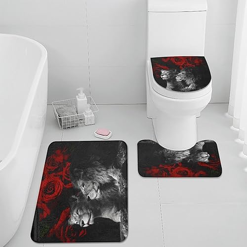 Miniatura 5 de Pamnest Juego de 4 cortinas de ducha, diseño de león y gato rojo con flores rojas, impermeables, con alfombras antideslizantes, cubierta para tapa