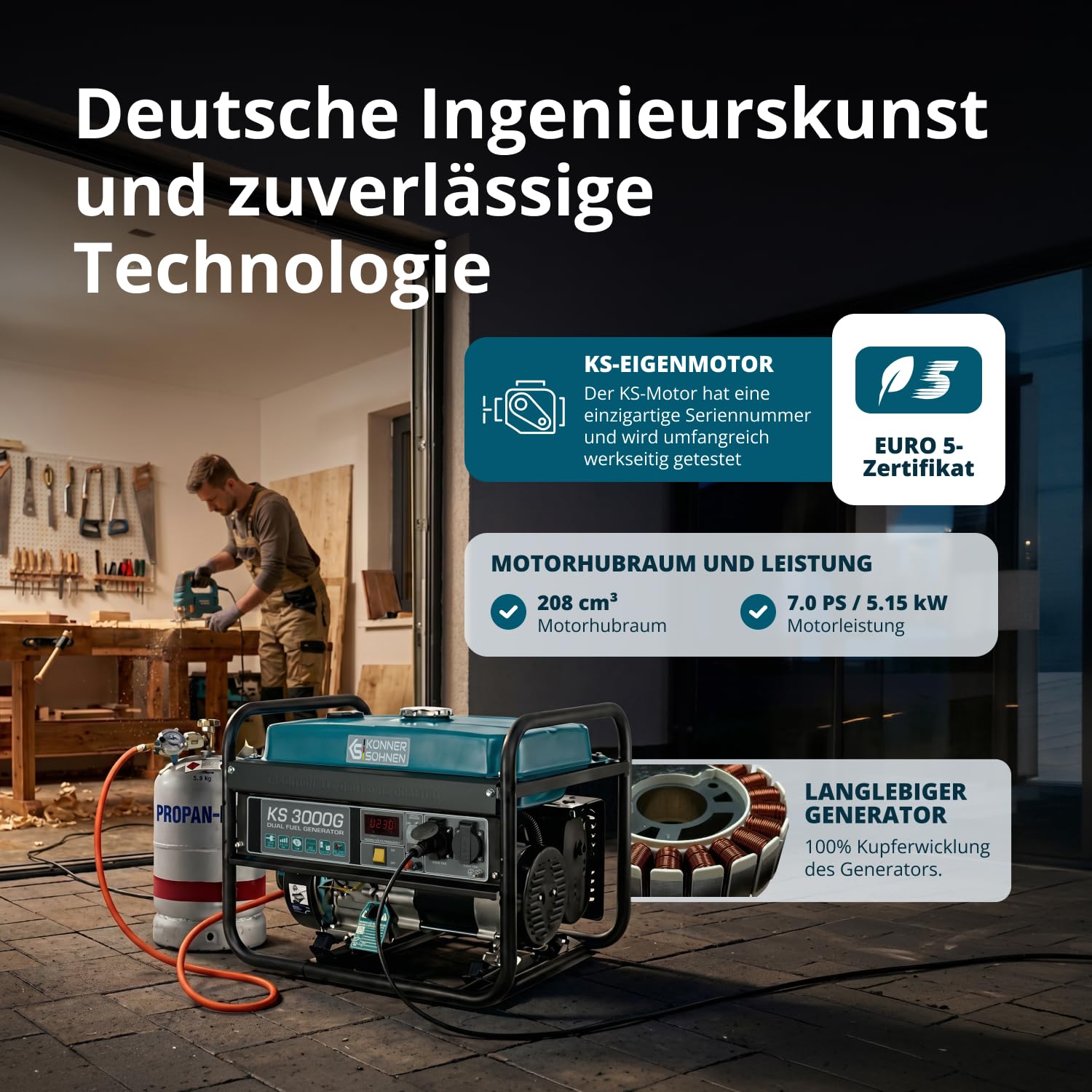 Könner & Söhnen KS 3000G - Hybrid Benzin-LPG 4-Takt Stromerzeuger, Kupfer Generatoren 3000 Watt, 16A, 230V, Generator für Kleinhaus, Garage oder Camping