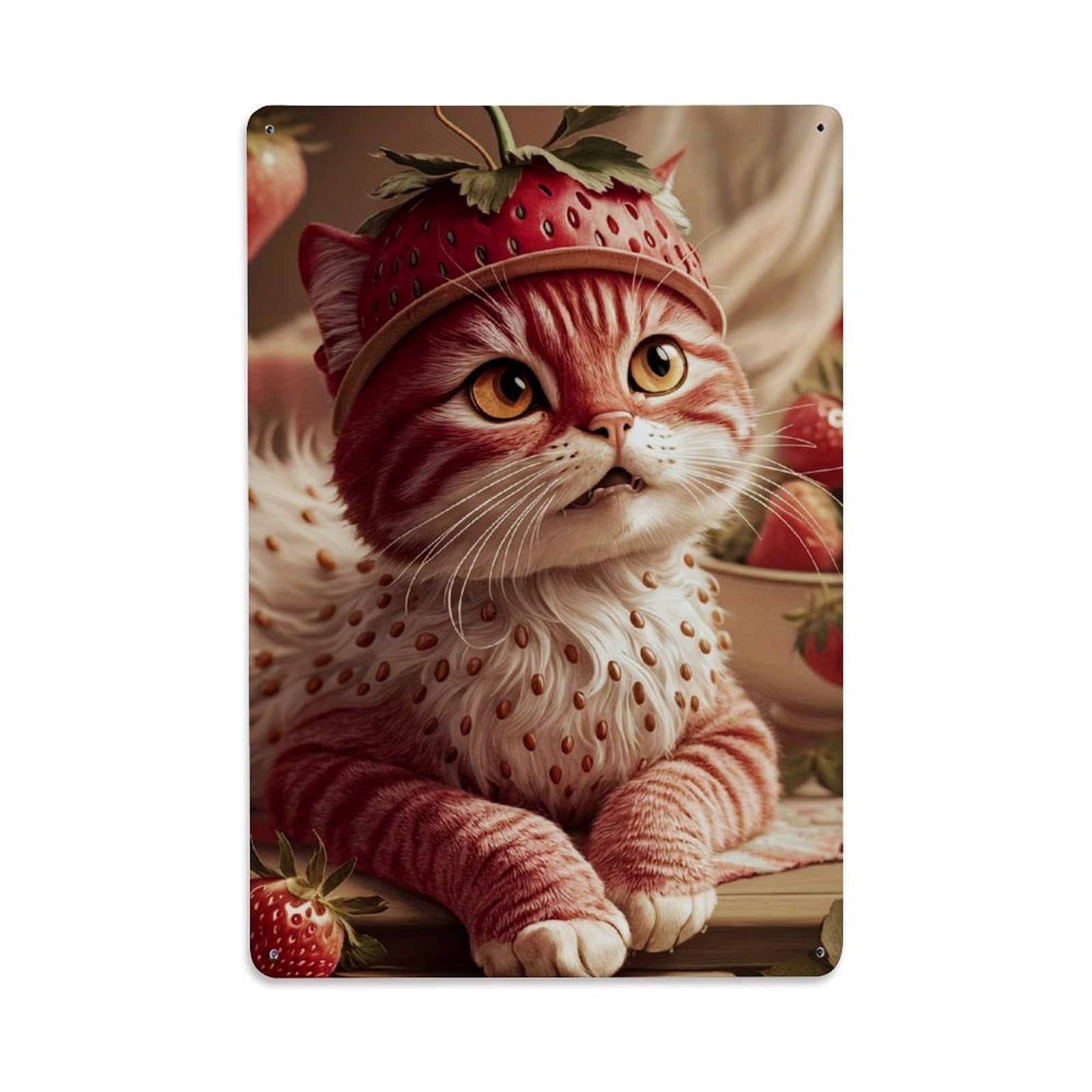 Jdfenggu Vintage Strawberry Cat Pattern Print Design Retro Metal Tin Sign, Decor Art Poster For Bar, Home, Man Cave, Kitchen, Laundry Room Gift 8X12inch