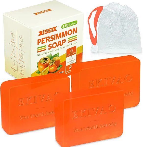 EKIVAO 3Pack Natural Persimmon Soap Bar for Body Odor Control, Organic Deodorant Body Persimmon Bar Soap for Old People Smell, Remove Odor Bath Soap for Women & Men