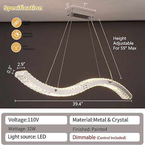 Miniatura 4 de Candelabro de cristal para comedor, lámparas LED modernas regulables con control remoto, acero inoxidable cromado ondulado, iluminación de techo