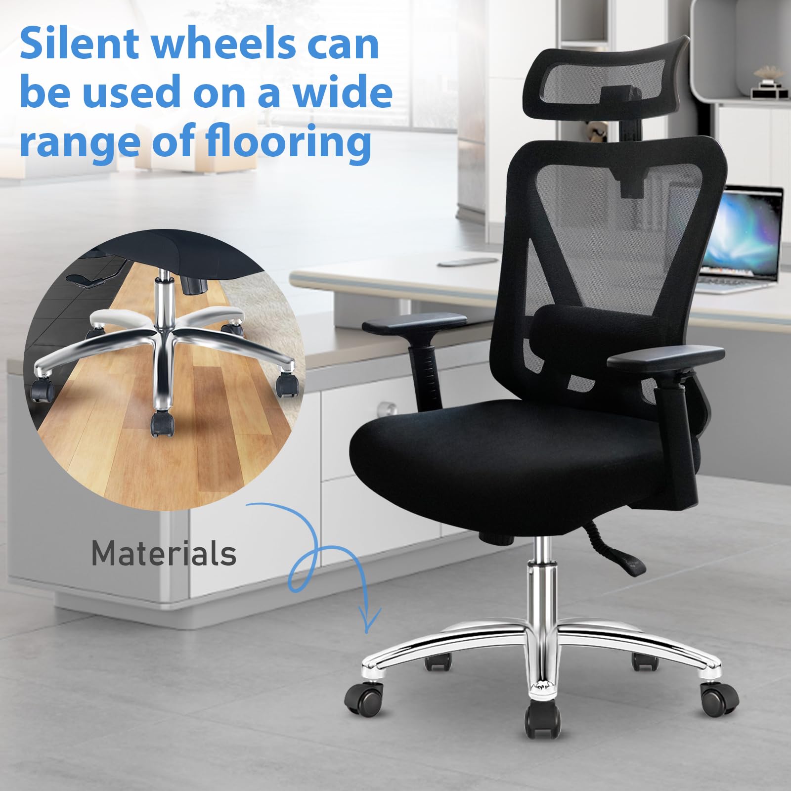Durrafy Sedia Ufficio Ergonomica, Sedia Scrivania con 2D Poggiatesta, Supporto Lombare Regolabile und Braccioli, 90°-130° Reclinabile Poltrona Ufficio in Rete Traspirante per la Casa, Ufficio e Gaming