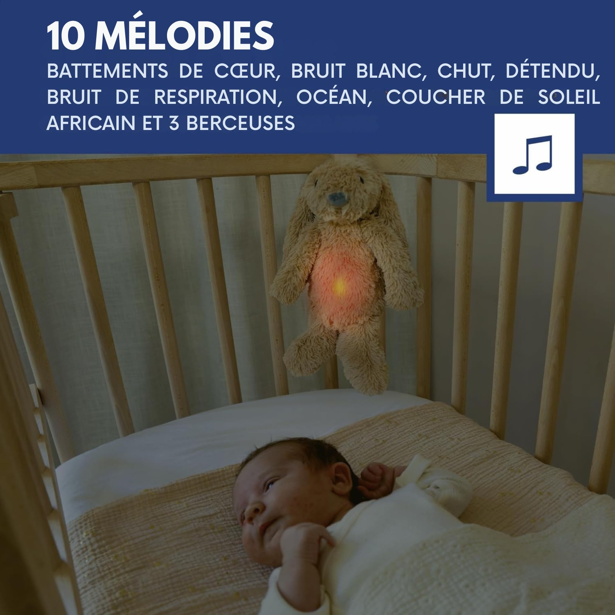 ZAZU Ro le Lapin Aide au Sommeil pour Bébé avec Batterie Rechargeable Veilleuse Multicolore Sons Apaisants Capteur de Pleurs Arrêt Automatique Charge USB-C