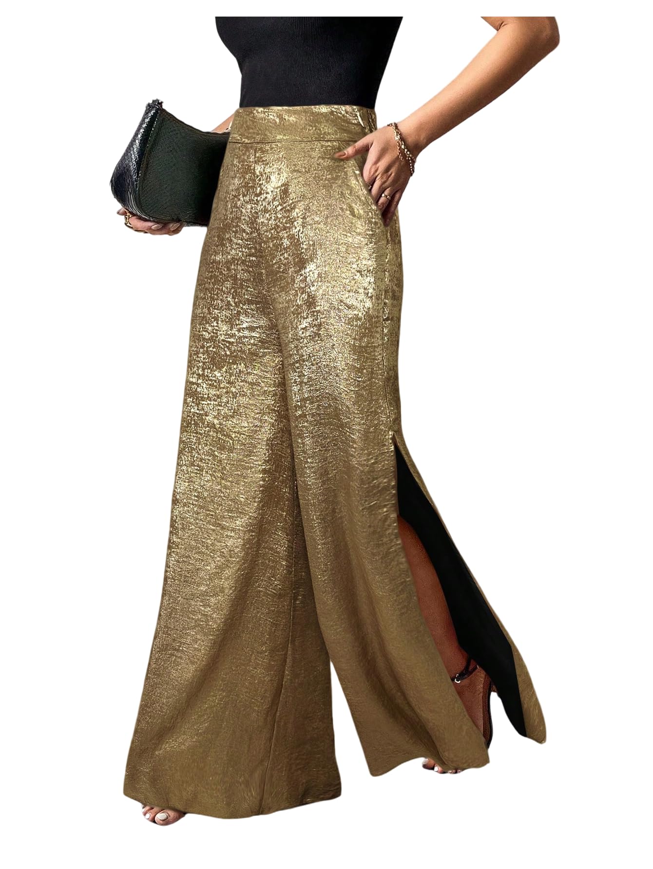 MakeMeChic Womens Metallic Split Side Hem Long Pants High Waist Wide Leg Loose Trousers with Pockets