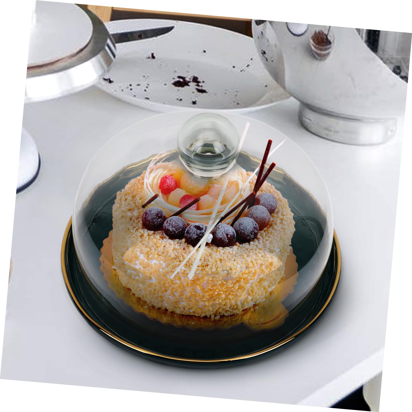 STOBAZA Set Piatto Dolci e Vassoio per Frutta con Coperchio in Vetro Trasparente, Piastra di Stoccaggio 23 Cm con Bordo Verde Dorato, Vassoio Multifunzione per Dessert e Pane, Adatto