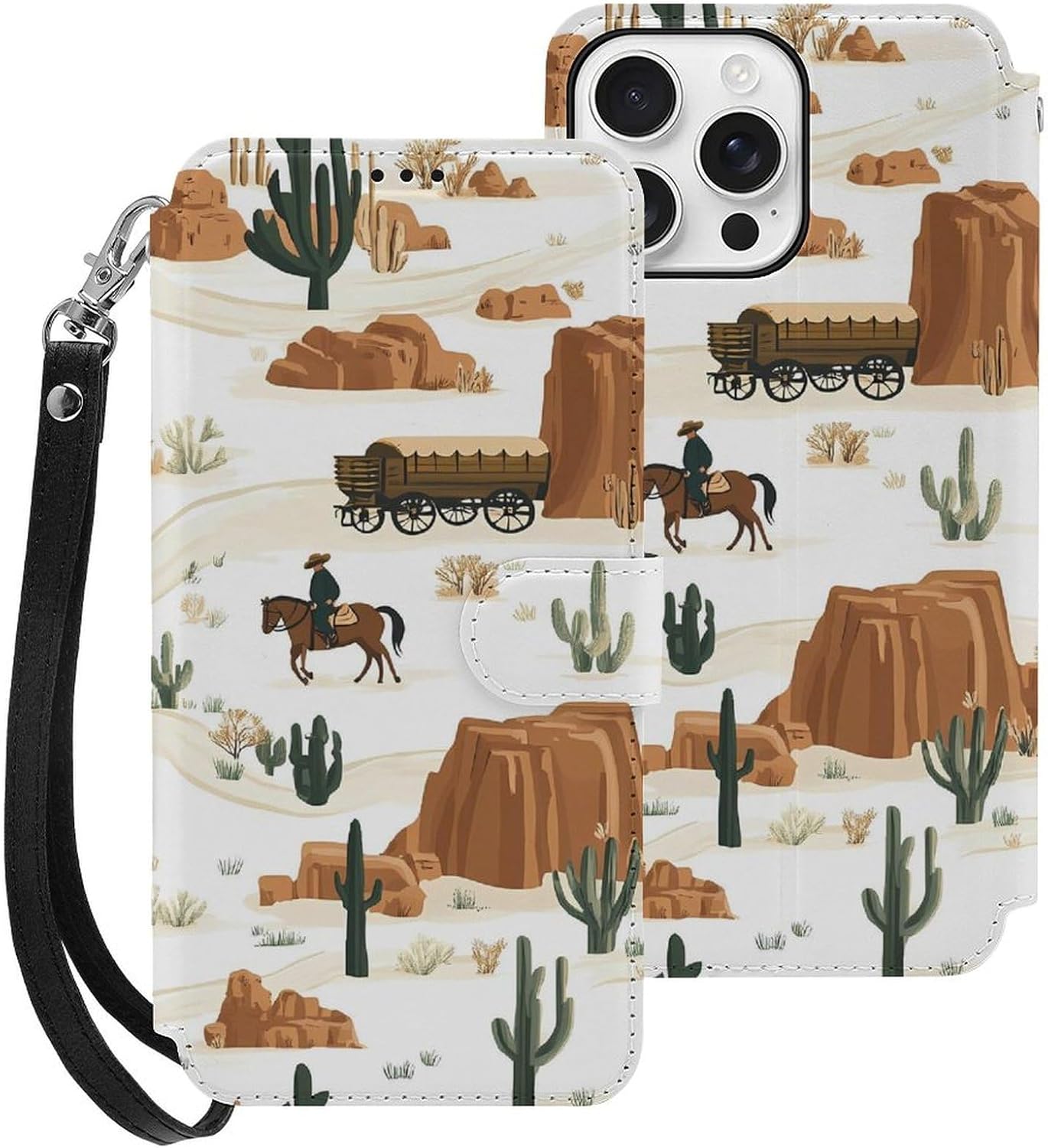 Western Horses Cowboys Compatible with iPhone 16/16 Plus/16 Pro/16 Pro Max/16 E Case Phone Wallet Card Holder Flip Cover with Wrist Strap