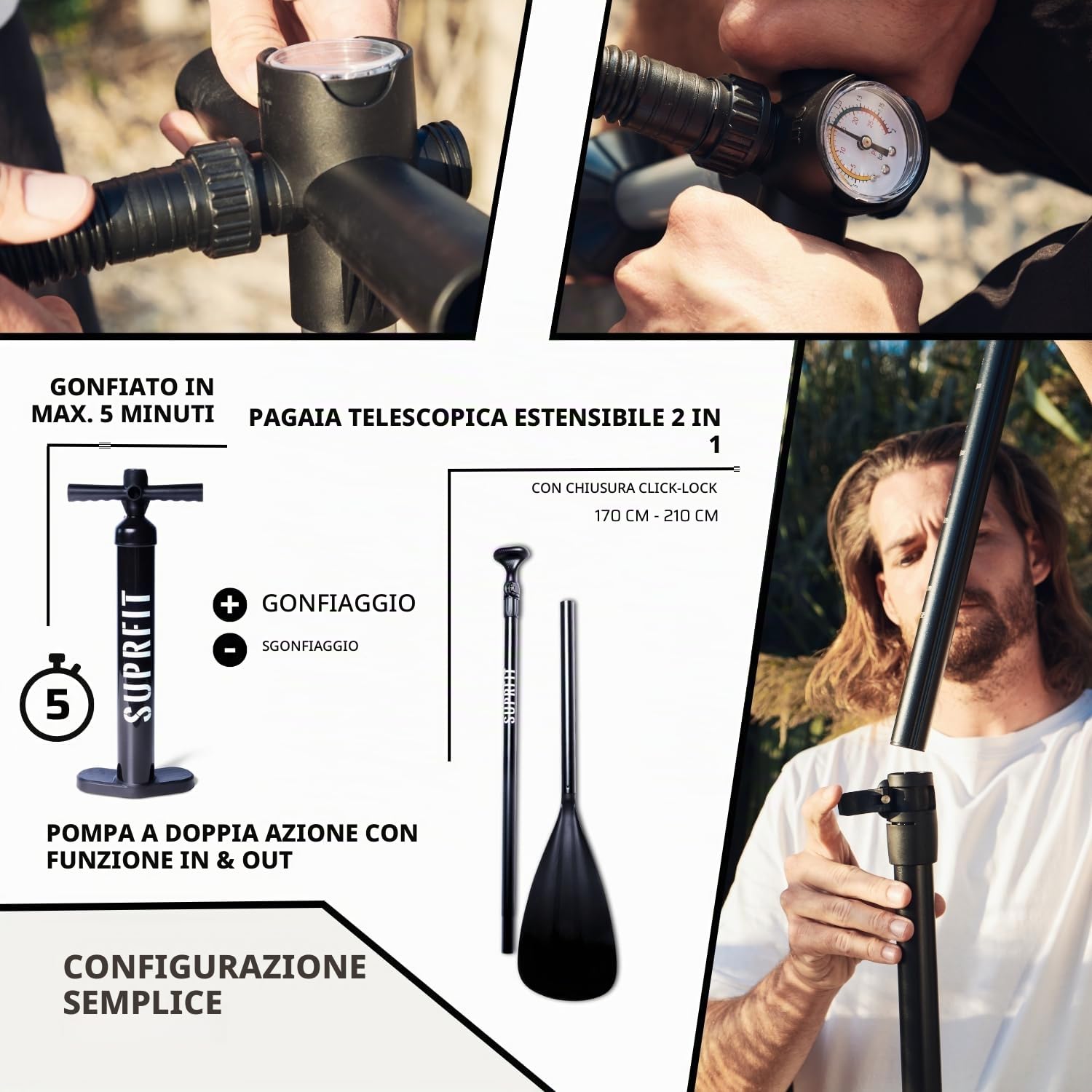 Suprfit tavola da SUP | Stand Up Paddle Board | Set Completo: tavola, Custodia, pagaia, Pompa, Laccio di Sicurezza, Set di Riparazione | Struttura Stabile con Doppio Rivestimento | Vari Modelli