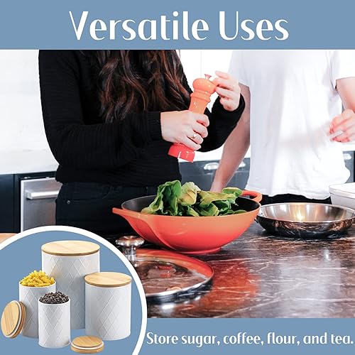 Miniatura 2 de Kazozobi Juego de recipientes de cocina blancos con tapas de madera, azúcar hermético, harina, café, recipientes de almacenamiento de galletas para