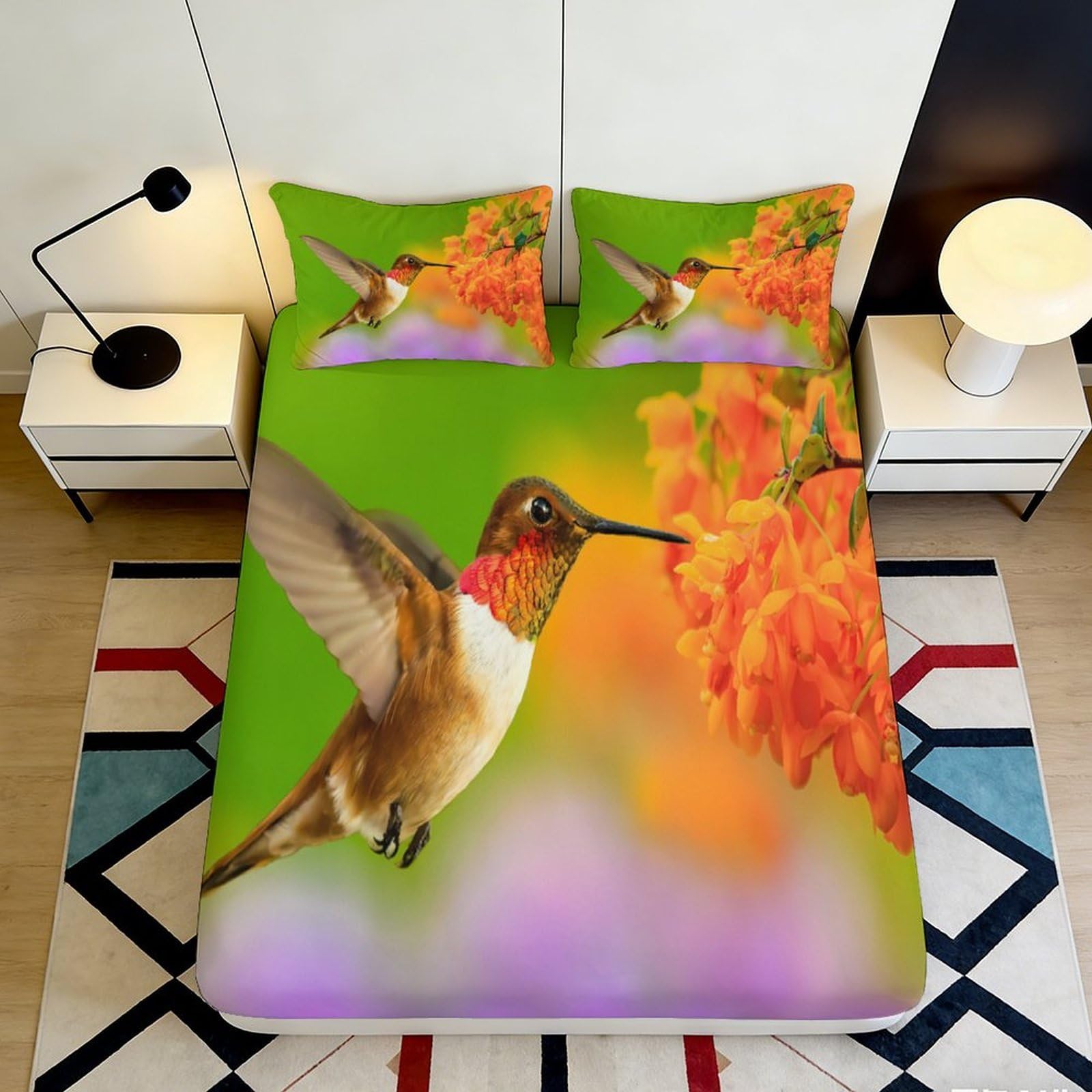 3D Printed Hummingbird Floral Fitted Sheet Microfiber Green Orange Bird Mattress Cover Bedroom Decor Anti-Slip Washable 160x200x25cm