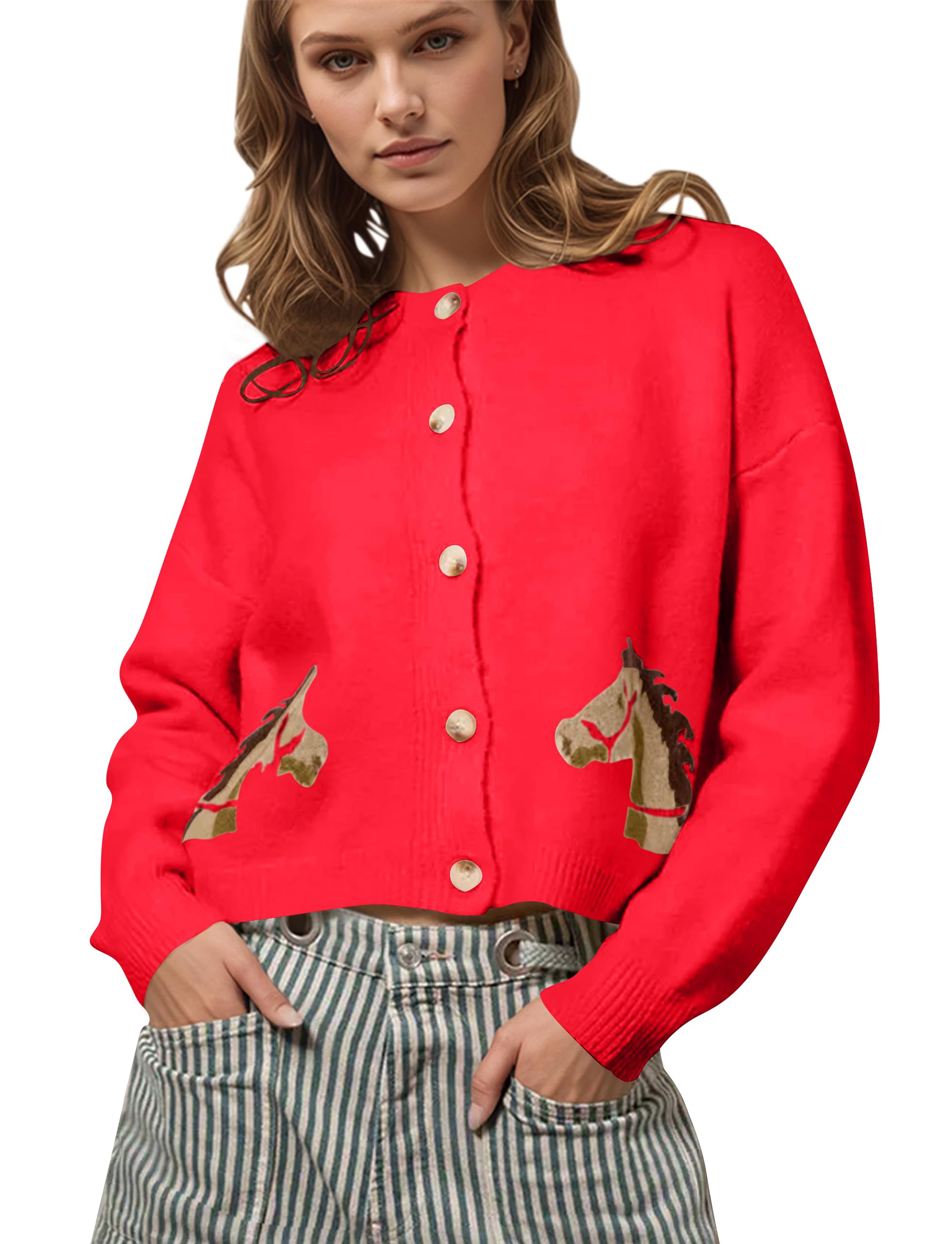 OLAPTA Women Horse Print Graphic Crop Cardigans Sweaters Button Down Long Sleeve Knit Lightweight Tops Fall Casual Sweaters