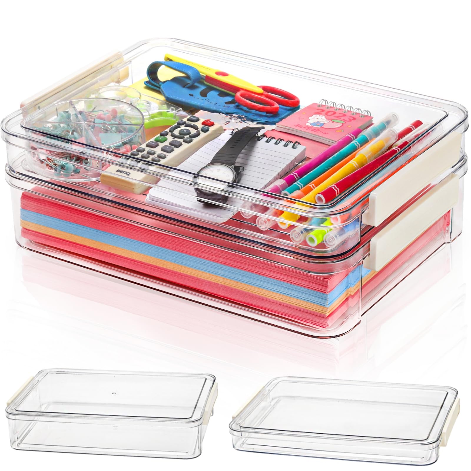 Goaste 2 Pack Acrylic Portable Project Case, 13.5 Inch Clear Scrapbook Paper Storage Box, Translucent Plastic Stackable Storage Bins Document Holder, A4 File Protector Container for Office School