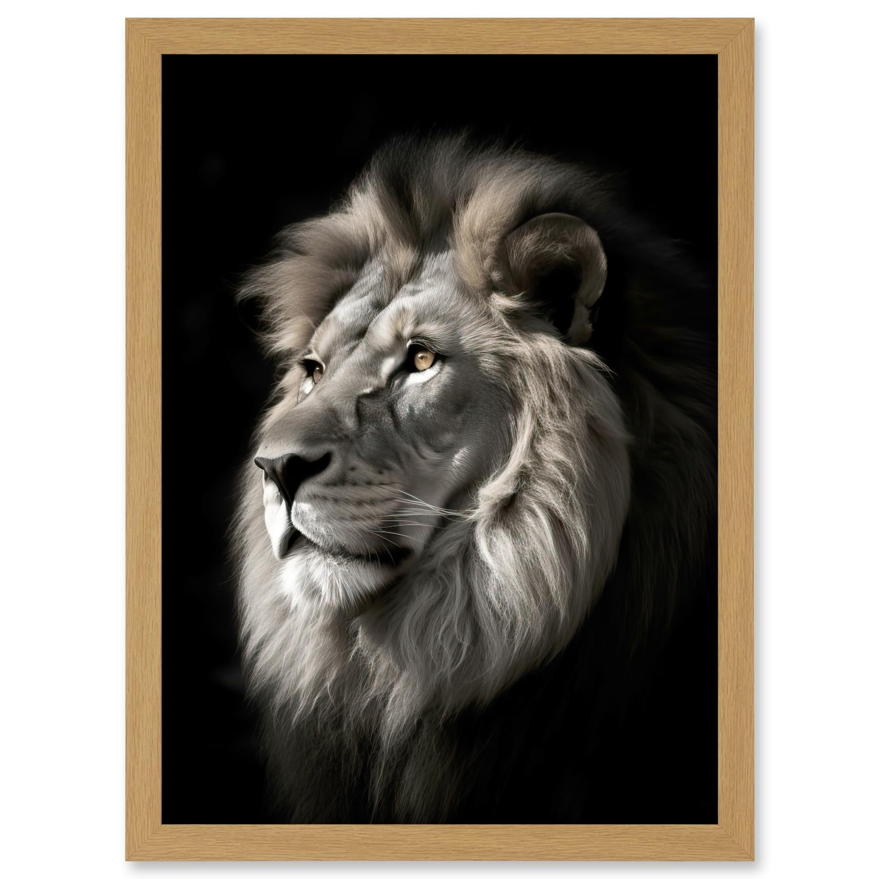 Artery8 Lion Head Portrait Dramatic Photograph Strong Leo Dark Atmospheric Light Artwork Framed A3 Wall Art Print