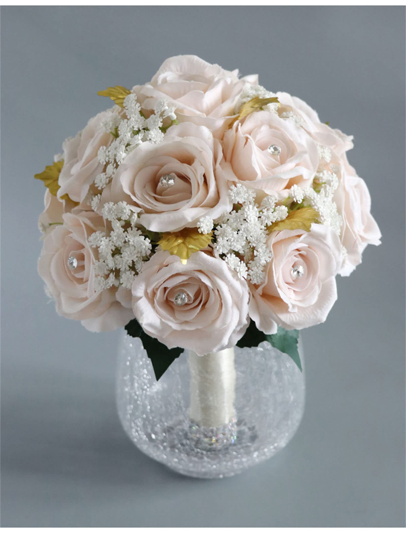 Bouquet di Fiori Artificiali da 8 Pollici, Rose Bianche finte in Seta, Bouquet da Sposa per Cerimonia, Anniversario, Baby Shower, Boho Rustico Vintage.