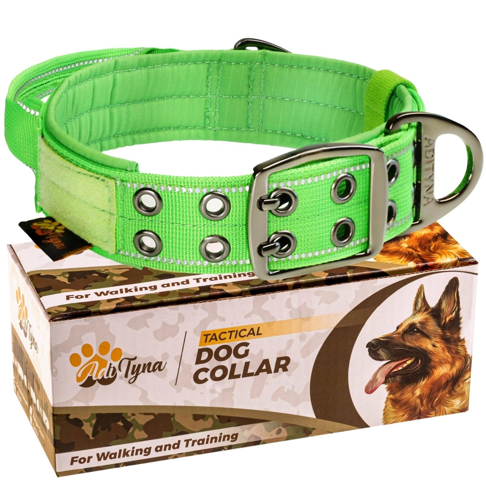 Collier robuste chien avec poignée de marche tactique vert réfléchissant ADITYNA large