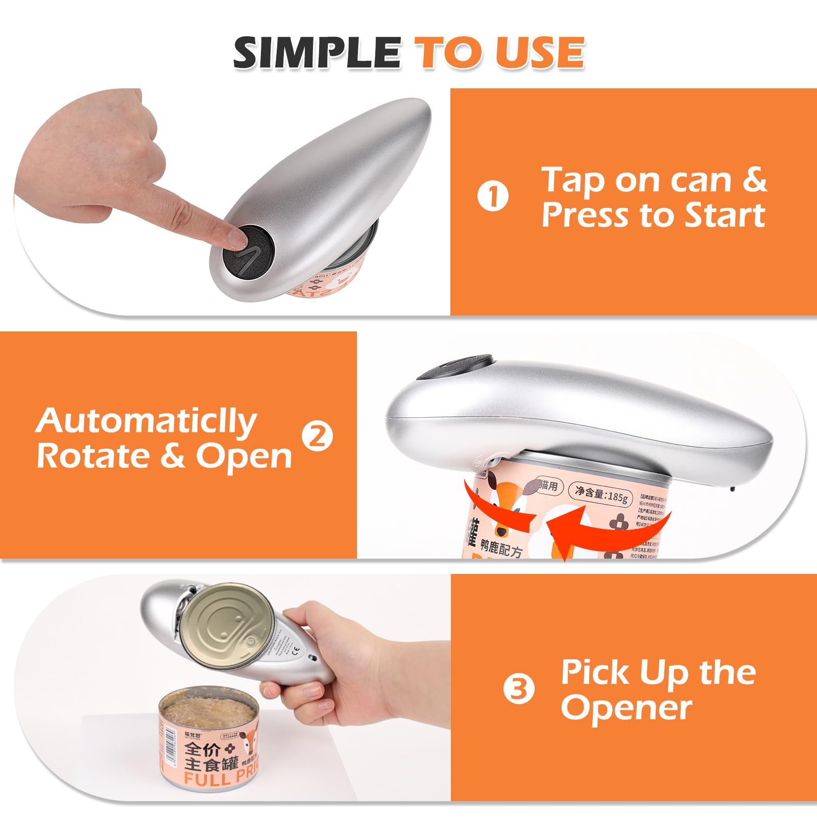 One Touch Electric Can Opener - Automatic Can Openers with Smooth Edge, Free Handheld Electric Can Opener for Kitchen, Seniors (Silver)