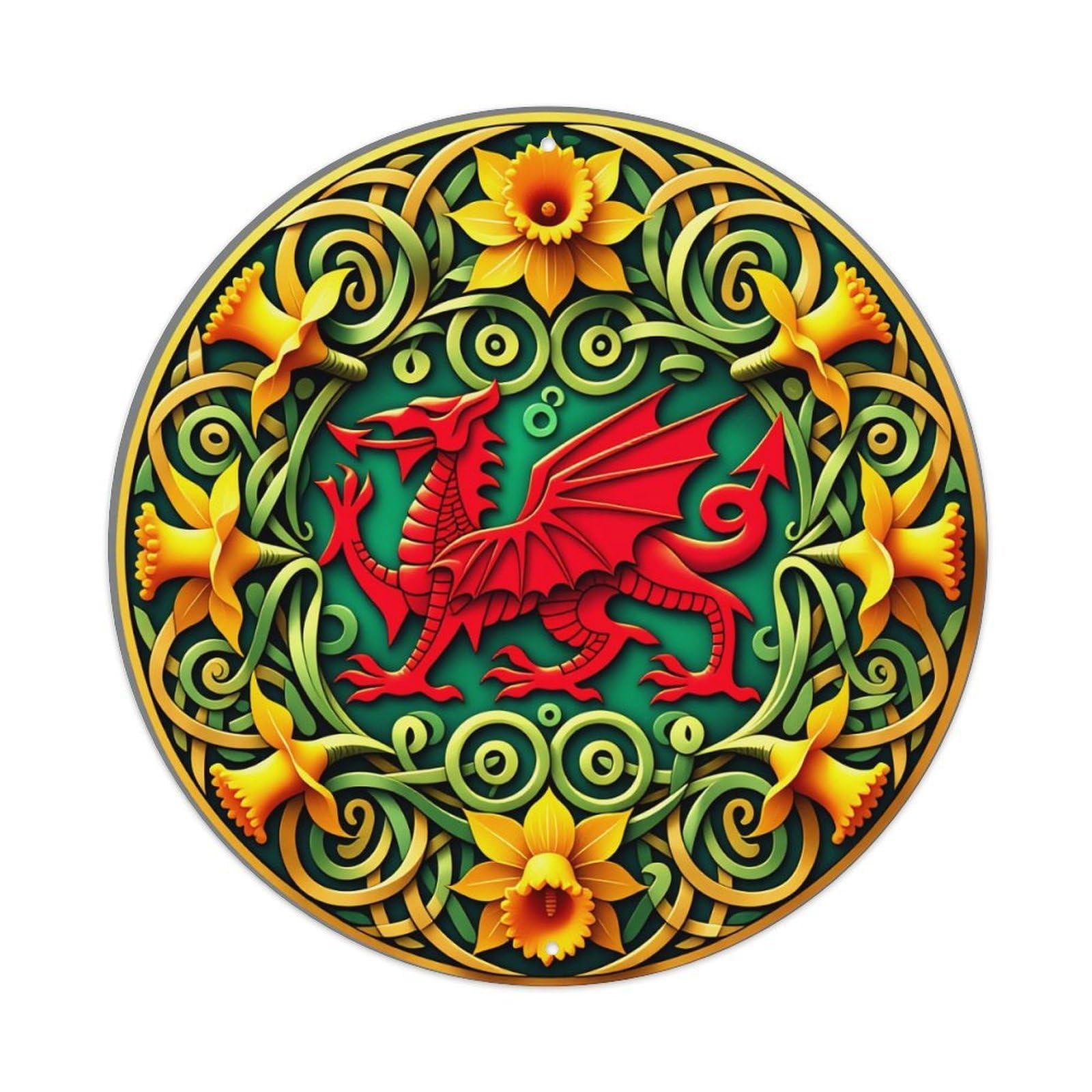 Dragon Floral Ornate Circular Design Round Tin Sign Vintage Style Metal Sign Home Bar Garden Wall Plaque Decor Metal Poster 8x8 Inch