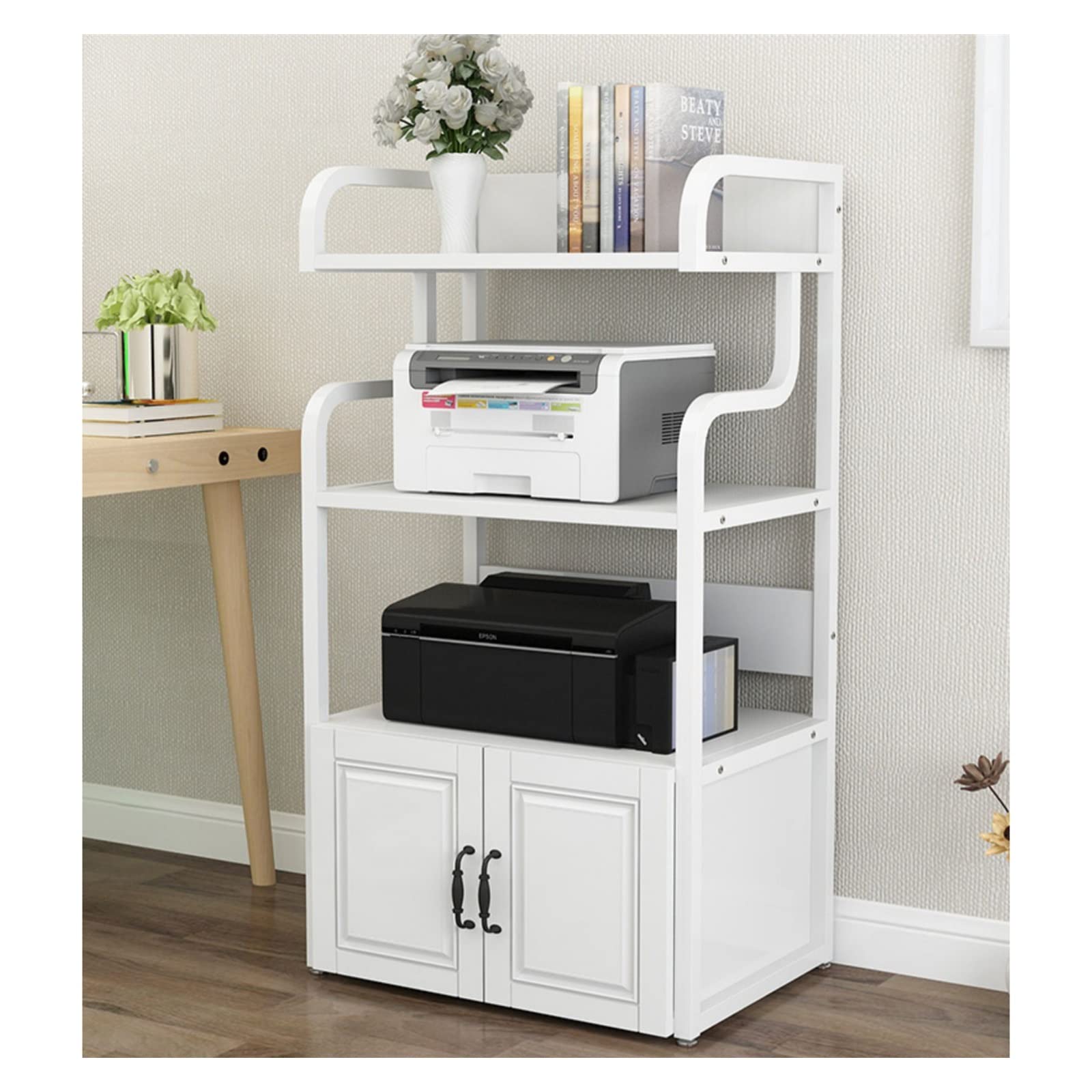 Stampante Piedistallo Supporto for Stampante Scaffale Multiuso in Piedi for Lettore Multimediale Scanner File Libri Forno a Microonde in Cucina Soggiorno Home Office, 4 Ripiani, Bianco