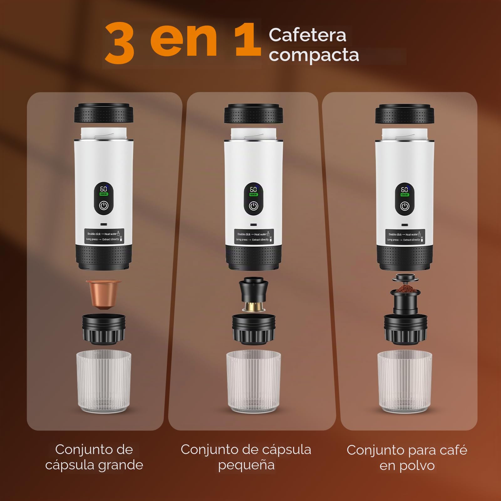 Cafetera Portatil, Cafetera Multicapsulas y Molido, Carga Rápida USB-C, Maquina de Cafe Ideal para Acampadas, Senderismo, Viajes y Autocaravanas (Blanco)