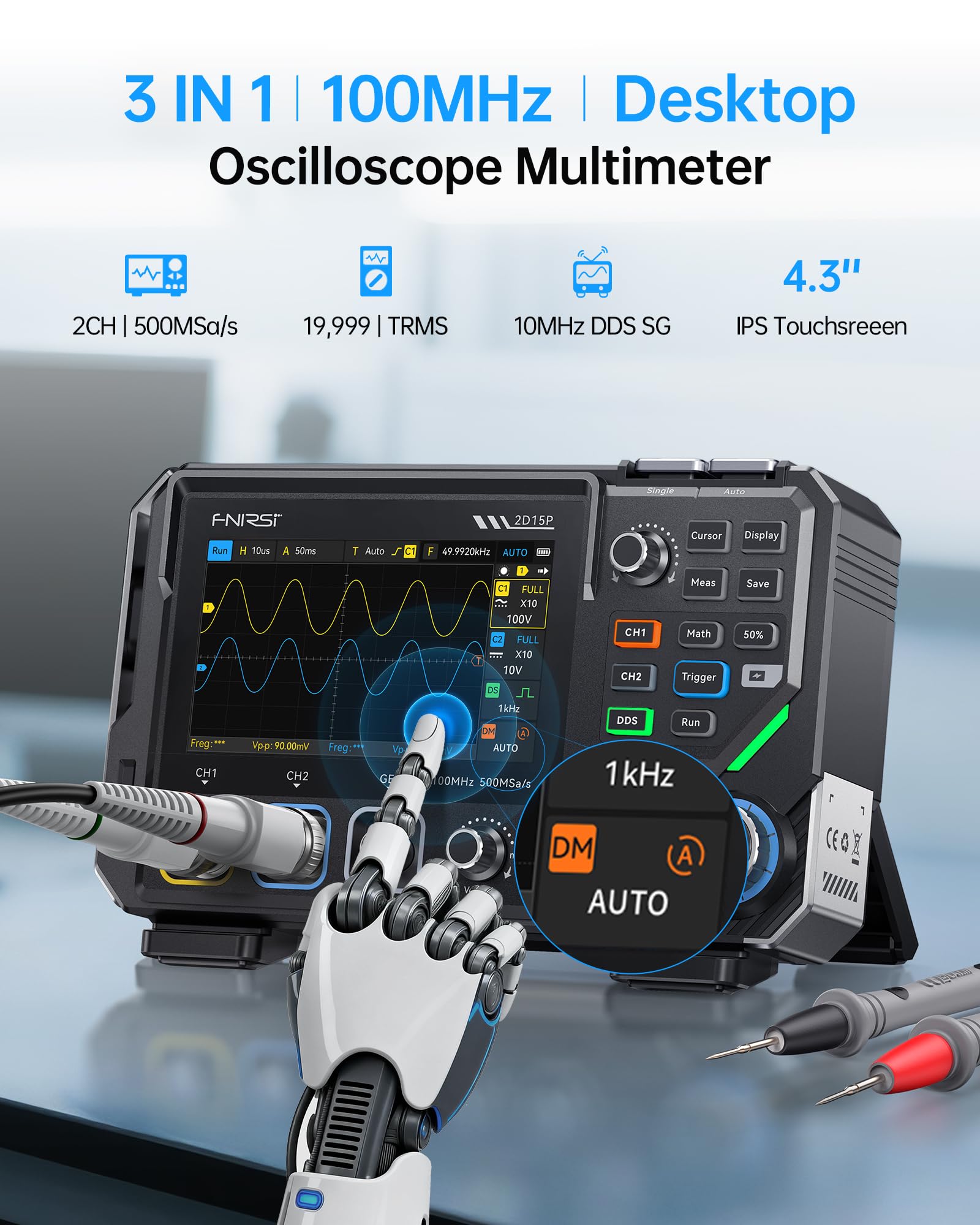FNIRSI 2D15P 100MHz Digitale Oscilloscopio Multimetro Generatore di Segnale DDS 3in1, Multimetro a 2CH per L'industria Auto, 19.999 TRMS, Frequenza di Campionamento 500MS/s, Touchscreen da 4,3 Pollici