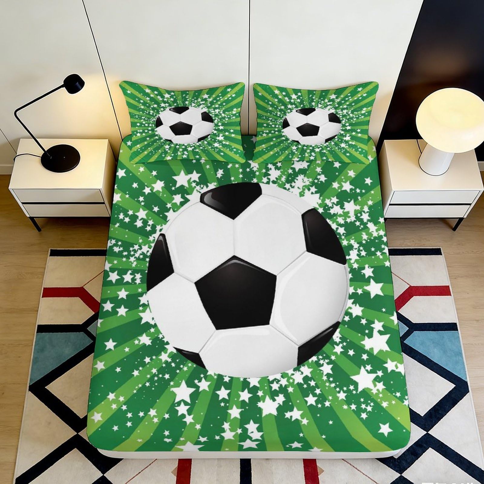 3D Printed Soccer Field Fitted Sheet Microfiber Green Football Bed Cover for Bedroom Guest Room Mattress Protection 90x200x25cm