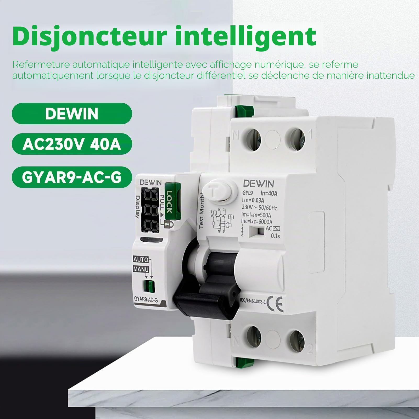 DEWIN Disjoncteur Réarmement Automatique, Disjoncteur à Rearmement Automatique 2P 40A 30mA 230V RCCB Différentiel Réarmement Automatique Type AC avec affichage LED et témoin lumineux