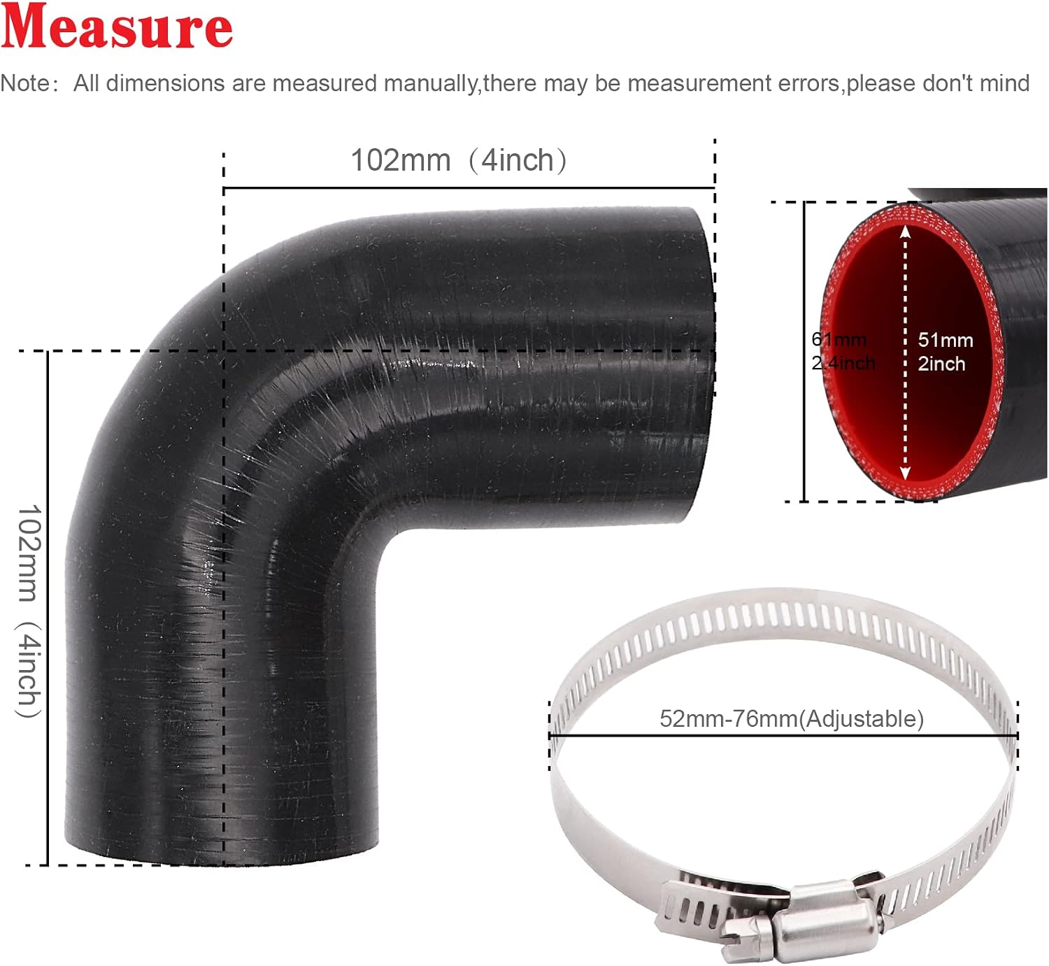 90 Degree 2 inch(51mm) Elbow Coupler Hose,Length 4 in(102mm),4-Ply Reinforced with 2PCS Clamps for Turbo/Intercooler/Intake Piping Coupler