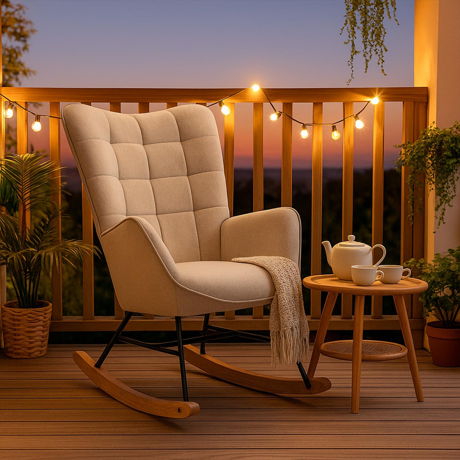 MEUBLE COSY Fauteuil à Bascule de Jardin, Chaise de Détente pour Terrasse et Balcon Couverts, Design Scandinave avec Pieds Bois et Métal, Tissu Non Imperméable