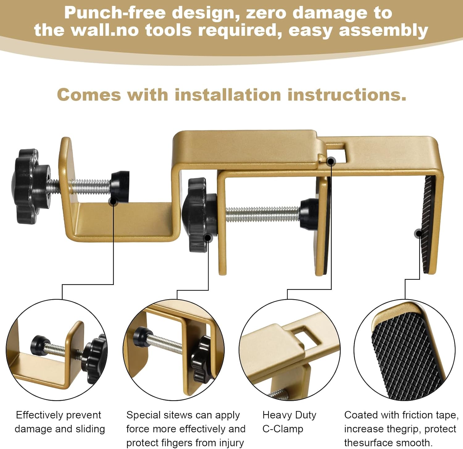 Outside Mounted Blinds Curtain Rod Bracket,Adjustable 1.2 - 2 Inch Width Track,Tool-Free and Drill-Free, Ideal for Living Rooms,Bedrooms,Restaurant and Offices Curtain Rod Brackets(Gold,2Pack)