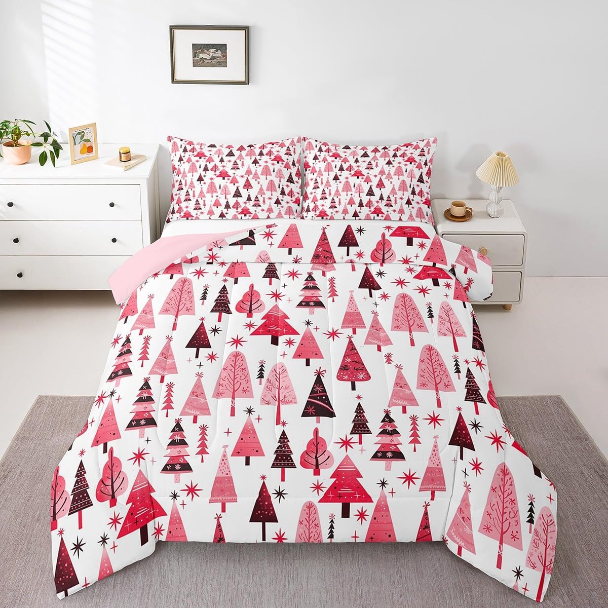 Manfei Pink Xmas Trees Comforter Set Queen Size, Christmas Theme Bedding Set 3pcs for Kids Boys Girls Adults Room Decor, Happy New Year Down Comforter Soft Polyester Quilt Set with 2 Pillowcases