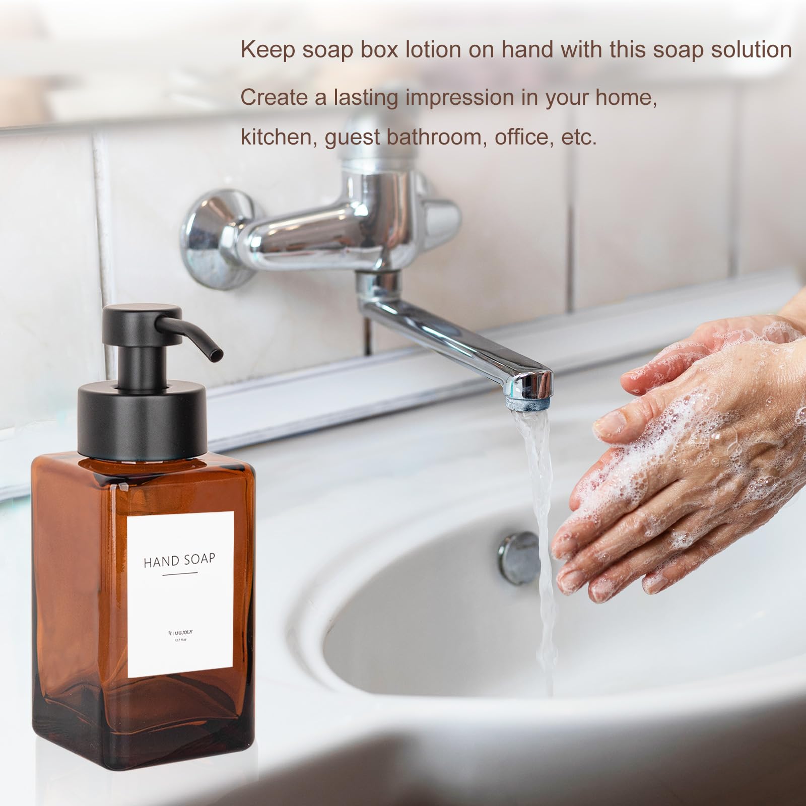 Dispensador de jabón espumoso con bomba de acero inoxidable, botellas de jabón líquido de vidrio recargables de 12 onzas para baño, fregadero de cocina, decoración del hogar