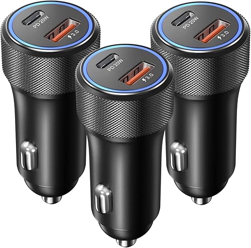 OKRAY - Cargador de coche USB C, paquete de 3 unidades de 36 W de carga rápida de doble puerto PD3.0+QC3.0 USB tipo C, adaptador de encendedor de