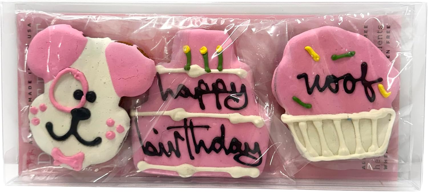 Bubba Rose Biscuit Company Decorated Birthday Girl Pink Dog Treats | Crunchy Biscuit Texture, Natural Gourmet Dog Cookies, Pack of 3 Cookies, Made in The USA