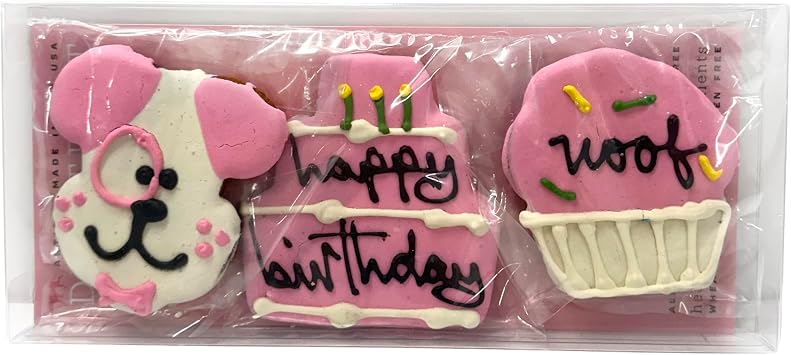 Bubba Rose Biscuit Company Decorated Birthday Girl Pink Dog Treats | Crunchy Biscuit Texture, Natural Gourmet Dog Cookies, Pack of 3 Cookies, Made in The USA
