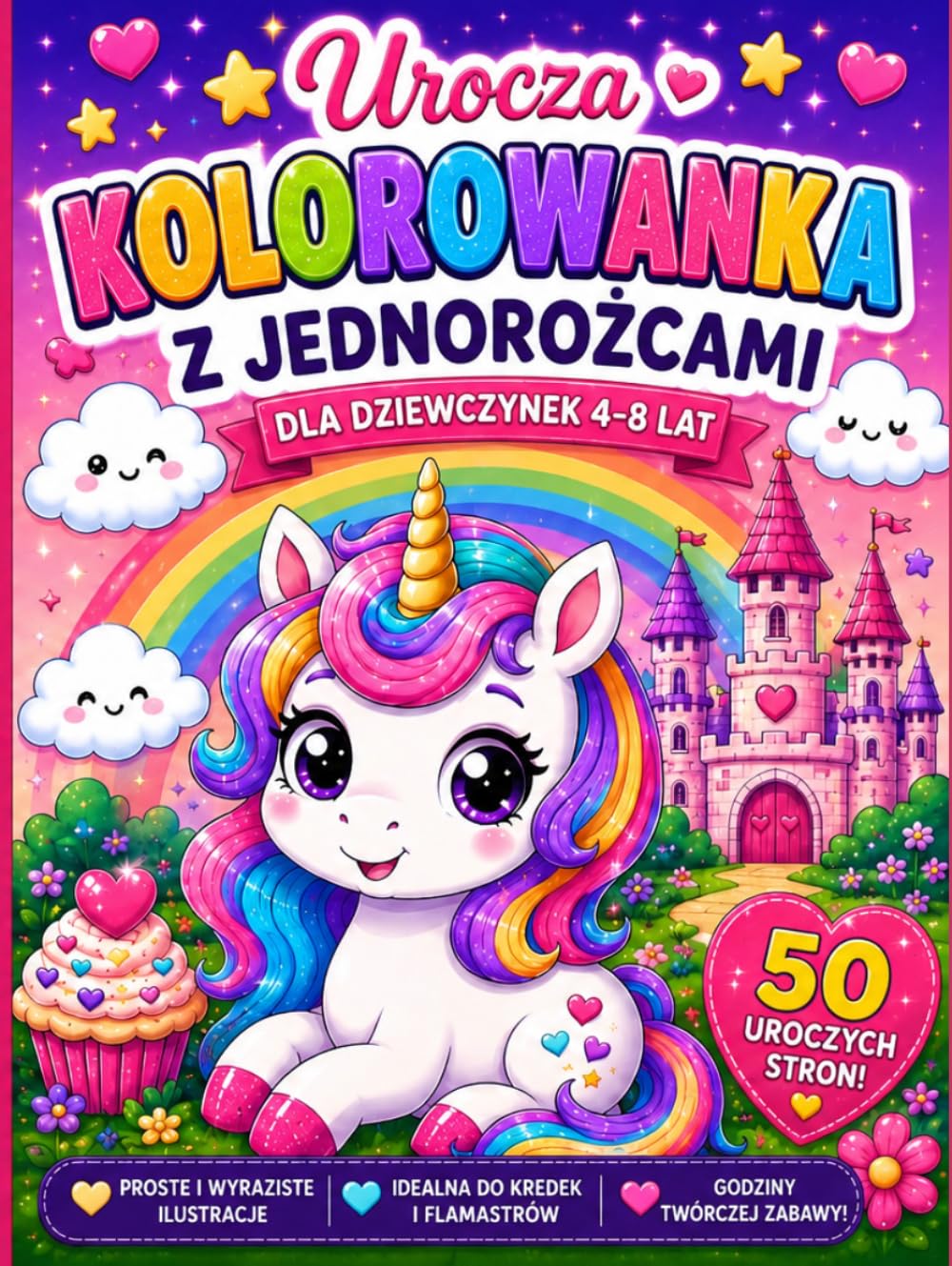 Urocza Kolorowanka z Jednorożcami: Dla Dziewczynek 4–8 Lat | 50 Magicznych Stron z Jednorożcami, Tęczami, Zamkami i Uroczymi Przyjaciółmi
