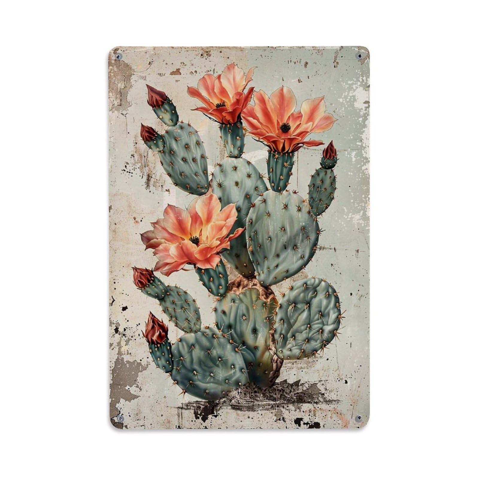 Cactus Flower Art Print Design Retro Metal Tin Sign, Vintage Decor Art Poster for Bar, Home, Man Cave, Kitchen, Laundry Room Gift 8x12Inch