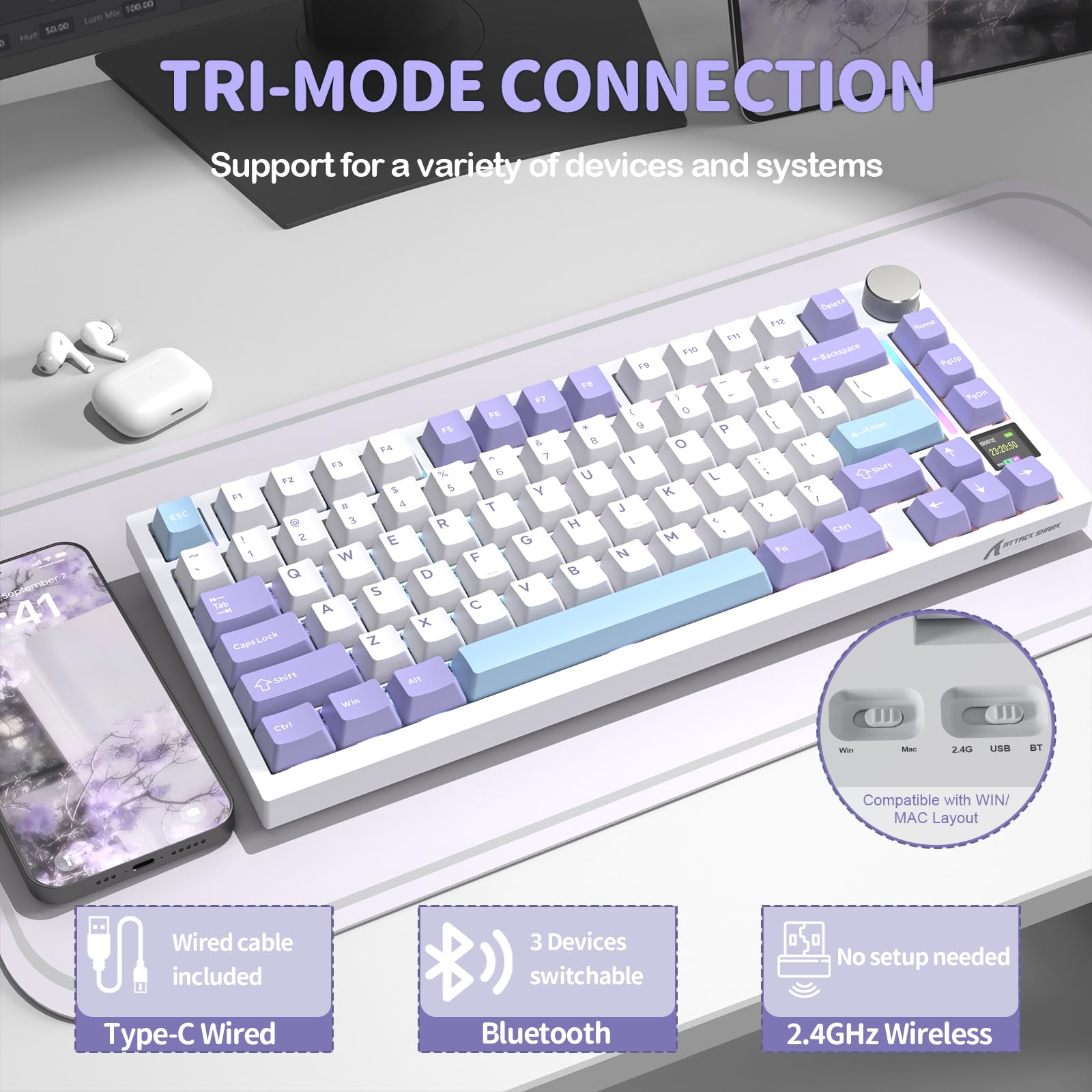 YINDIAO ATTACK SHARK X820 Ultra Gasket Mechanical Keyboard with TFT Screen & Knob, 75% ANSI Layout, 2.4Ghz/BT/Wired, 5 Sound Absorbing Foams, Hot-Swap Linear Switch, for PC,MAC (Purple, Gift Switch)